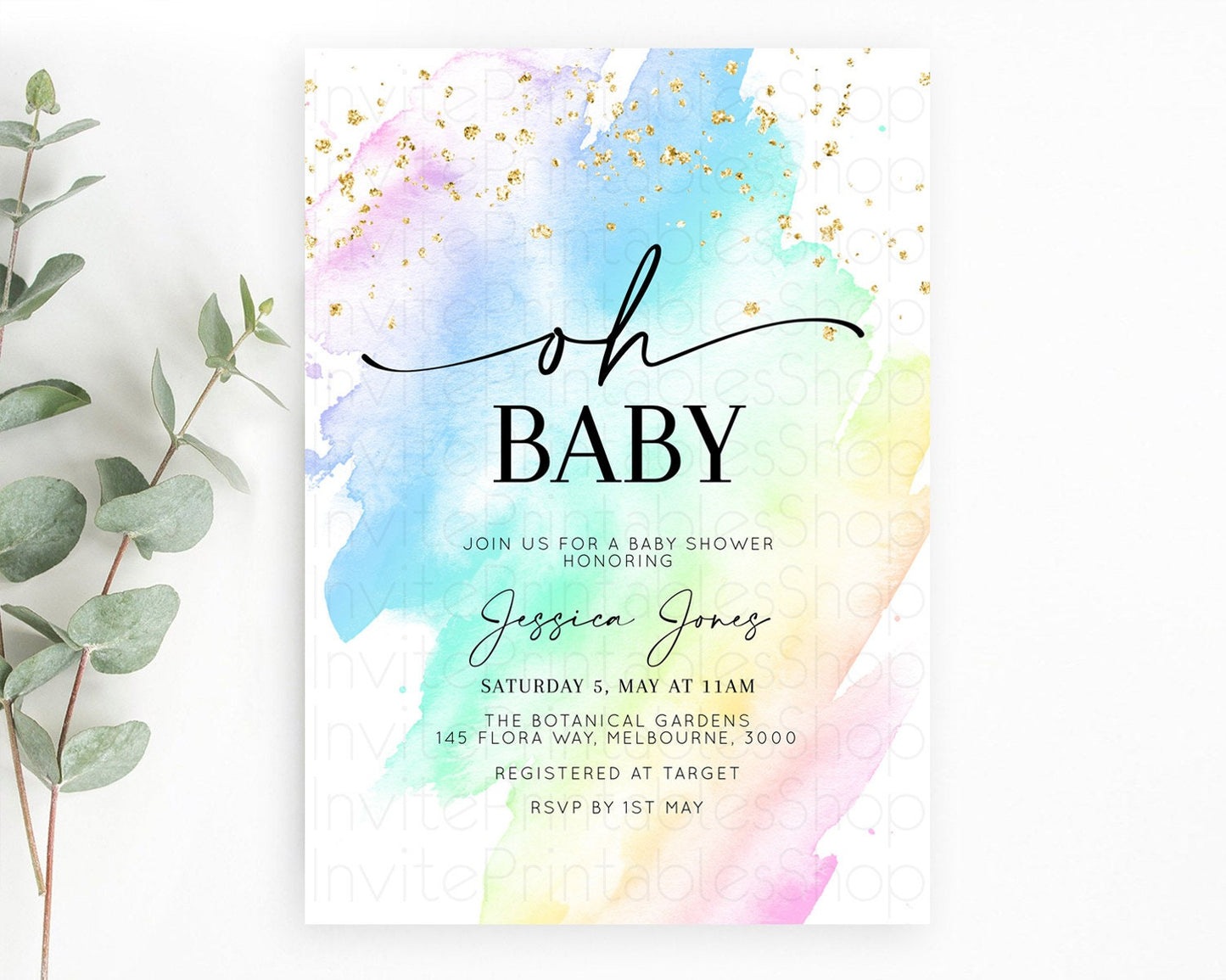 Pastel Baby Shower Invitation Rainbow Baby Shower Invitation Colorful Pastel Watercolor Invitation Gold Glitter Sprinkles Ombre D10640