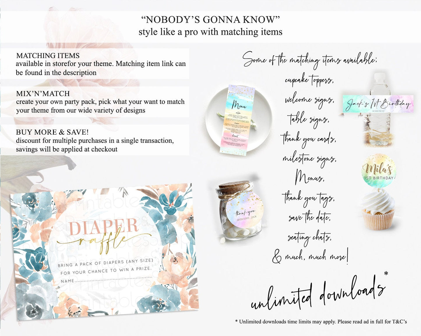 Secret Garden Diaper Raffle Card Boho Wildflower Diaper Raffle Insert Pastel Flower Garden Baby Shower Card Flower Raffle Game D10190