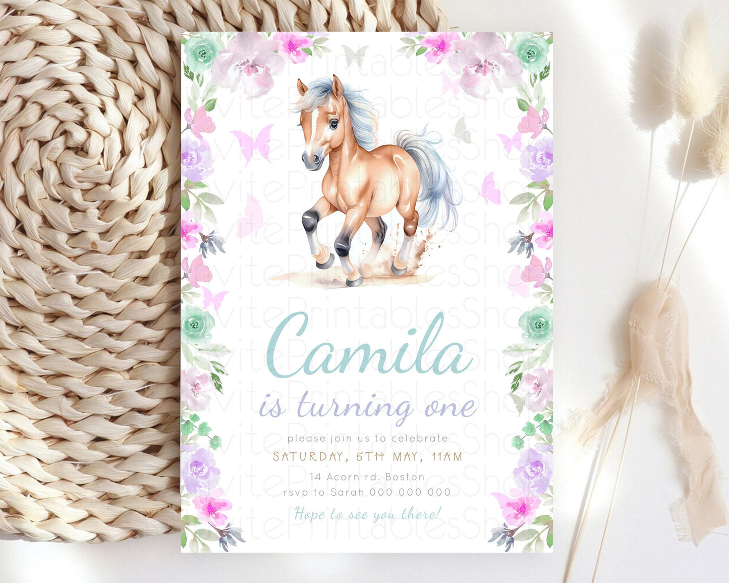 Horse Birthday Invitation, Galloping Wildflower Fields, Pastel Flowers, Butterflies, Flowers Accents for Equestrian & Cowgirls d23382