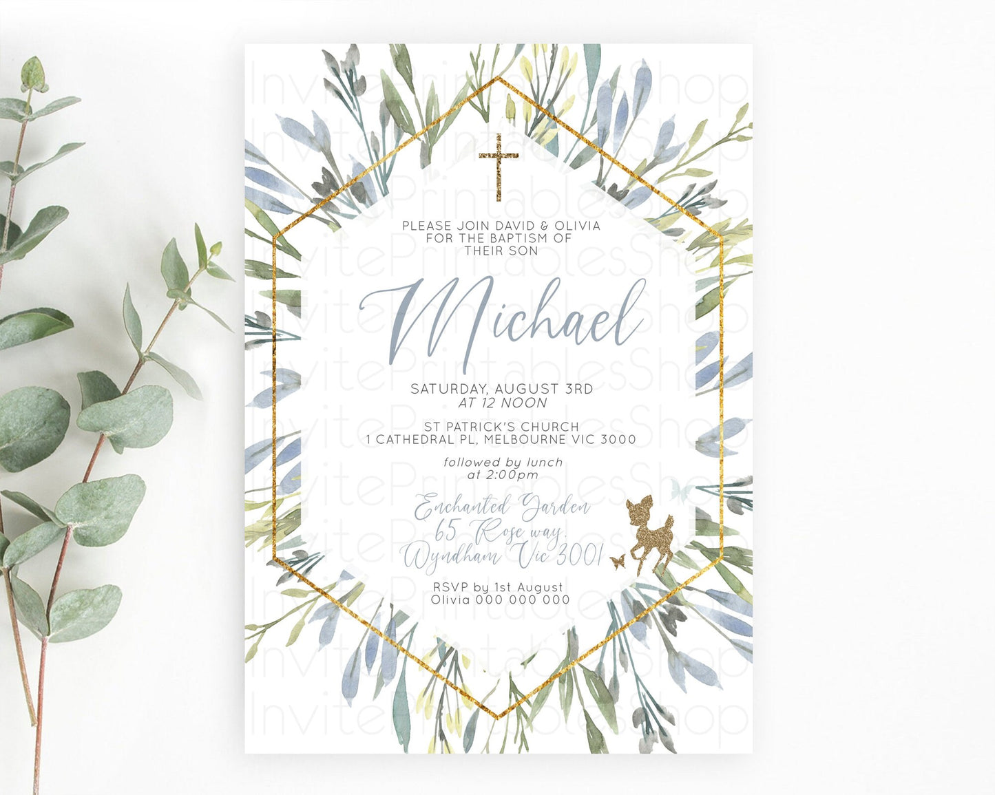 Fawn Baptism Invitation Deer Baptism 1st Birthday Invitation Enchanted Forest Christening Invitation Pastel Garden Butterfly Floral D10534