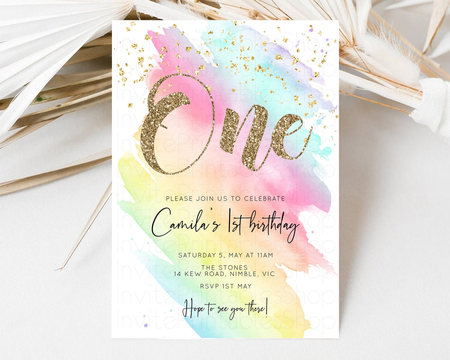 Rainbow Birthday Invitation Pastel Rainbow Birthday Invitation Ombre Watercolor Invite Colorful Splash Glitter Sprinkles 1st 2nd 3rd T518