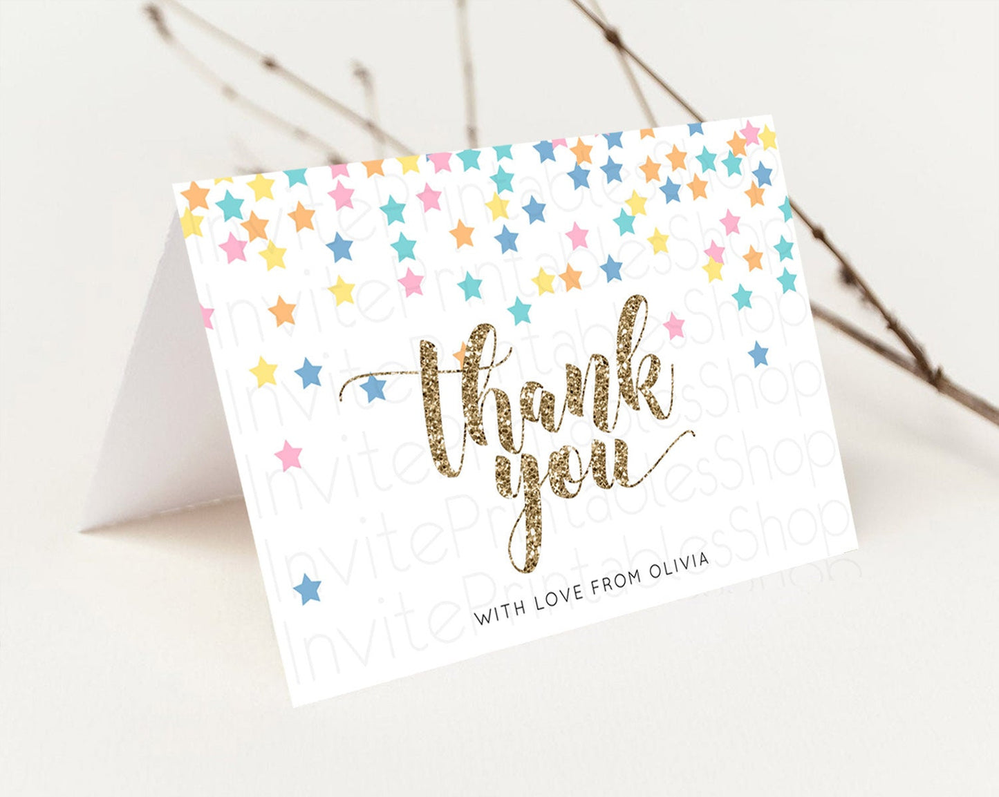 Star Thank You Card Pastel Stars Thank You Shooting Star Rainbow Colorful Confetti Twinkle Little Star Birthday Teacher Thank You D10298