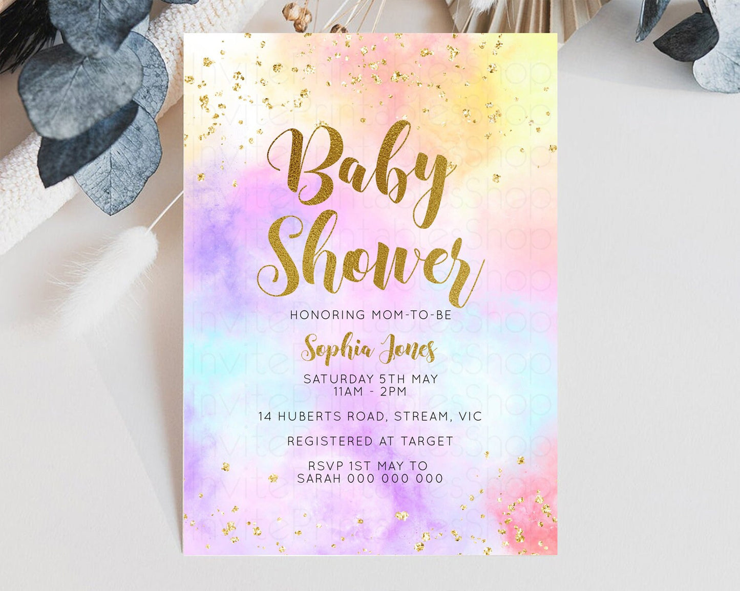 Rainbow Baby Shower Invitation Pastel Baby Sower Invitation Colorful Splash Invite Sprinkle Confetti Watercolor Ombre Baby Shower Invite 499