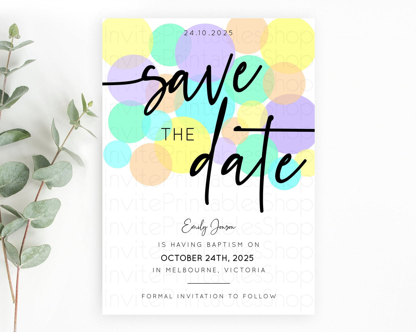 Pastel Confetti Save The Date Template Rainbow Colorful Sprinkles Party For 1st Birthday Baptism Baby Shower Wedding Bridal Shower D10415