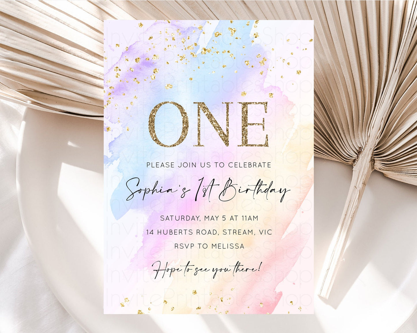 Rainbow Birthday Invitation Glitter Pastel Invitation Colorful Watercolor Gold Foil Splatter Sprinkle Ombre 1st 2nd 3rd Birthday Invite t600