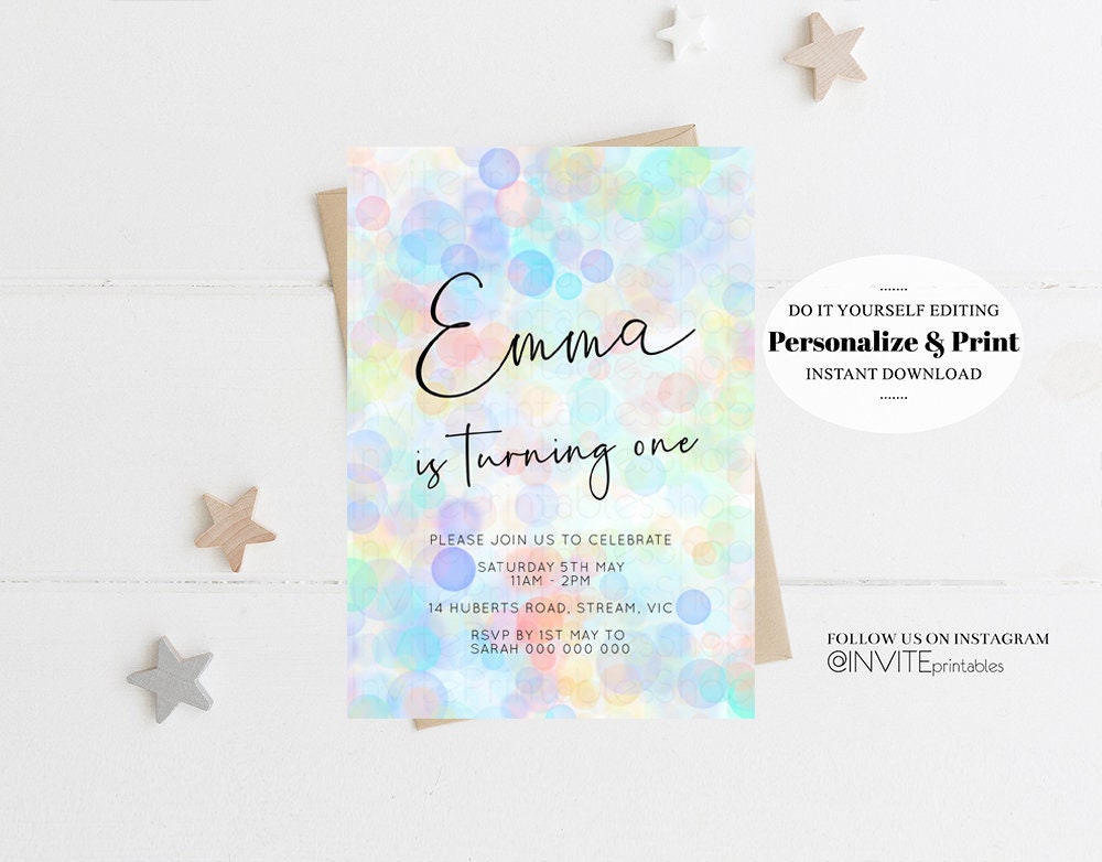 Colorful Birthday Invitation Pastel Rainbow Invite Confetti Sprinkles Bubbles Paint Fun Simple Modern White Custom T500