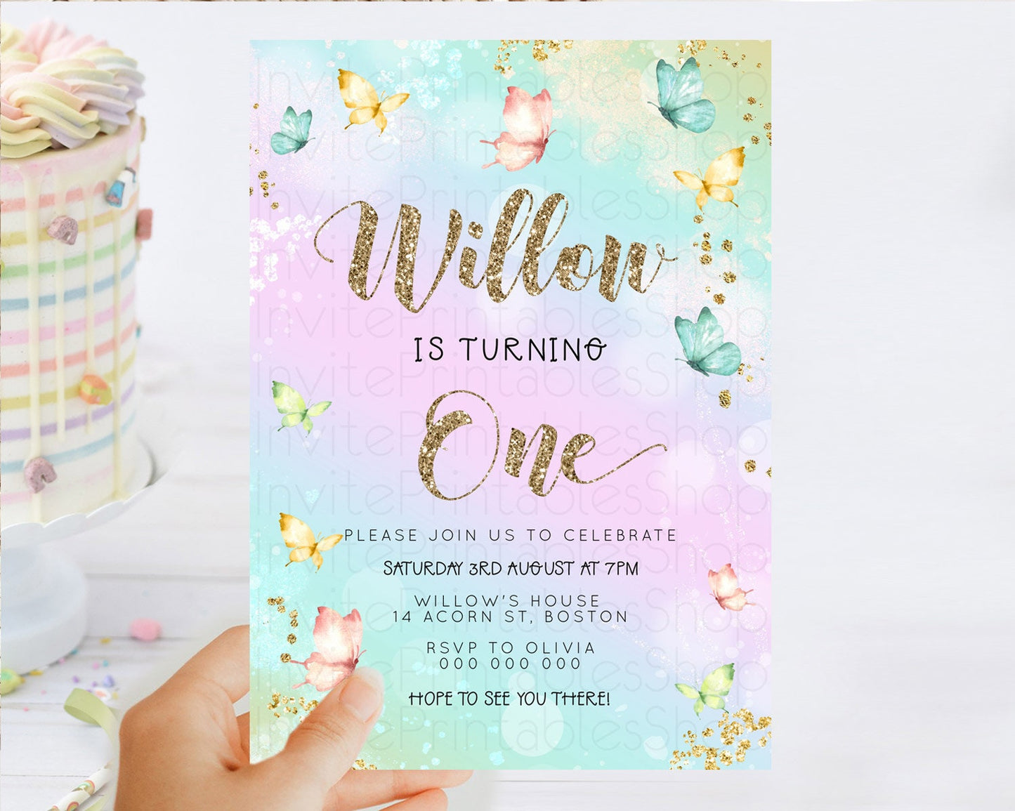 Pastel Butterfly Birthday Invitation Butterfly Birthday Invitation Colorful Splash Glitter Butterfly Garden 1st 2nd Birthday D23090