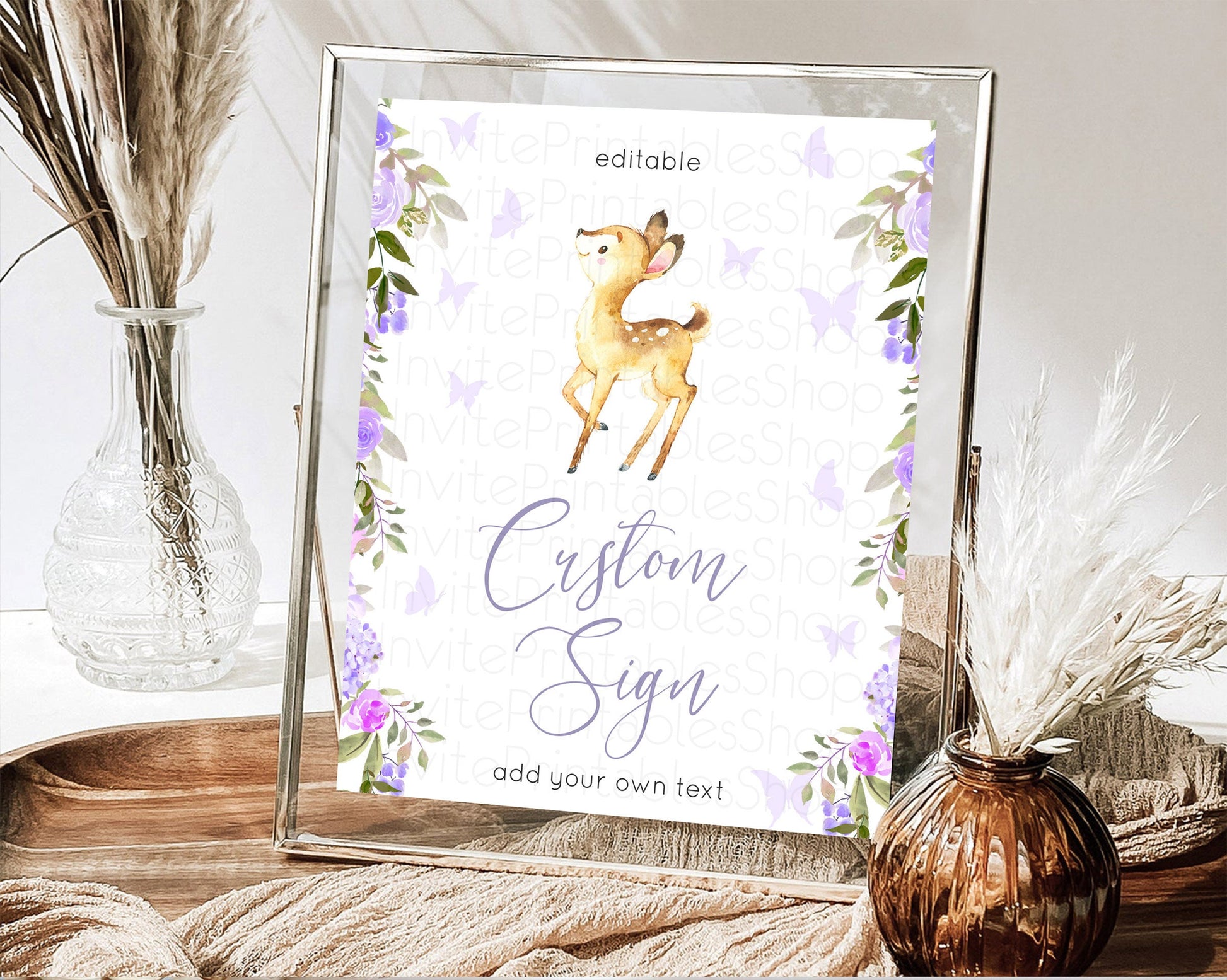 Editable Fawn Deer Sign Pastel Floral Deer Table Sign Decor Enchanted Forest
