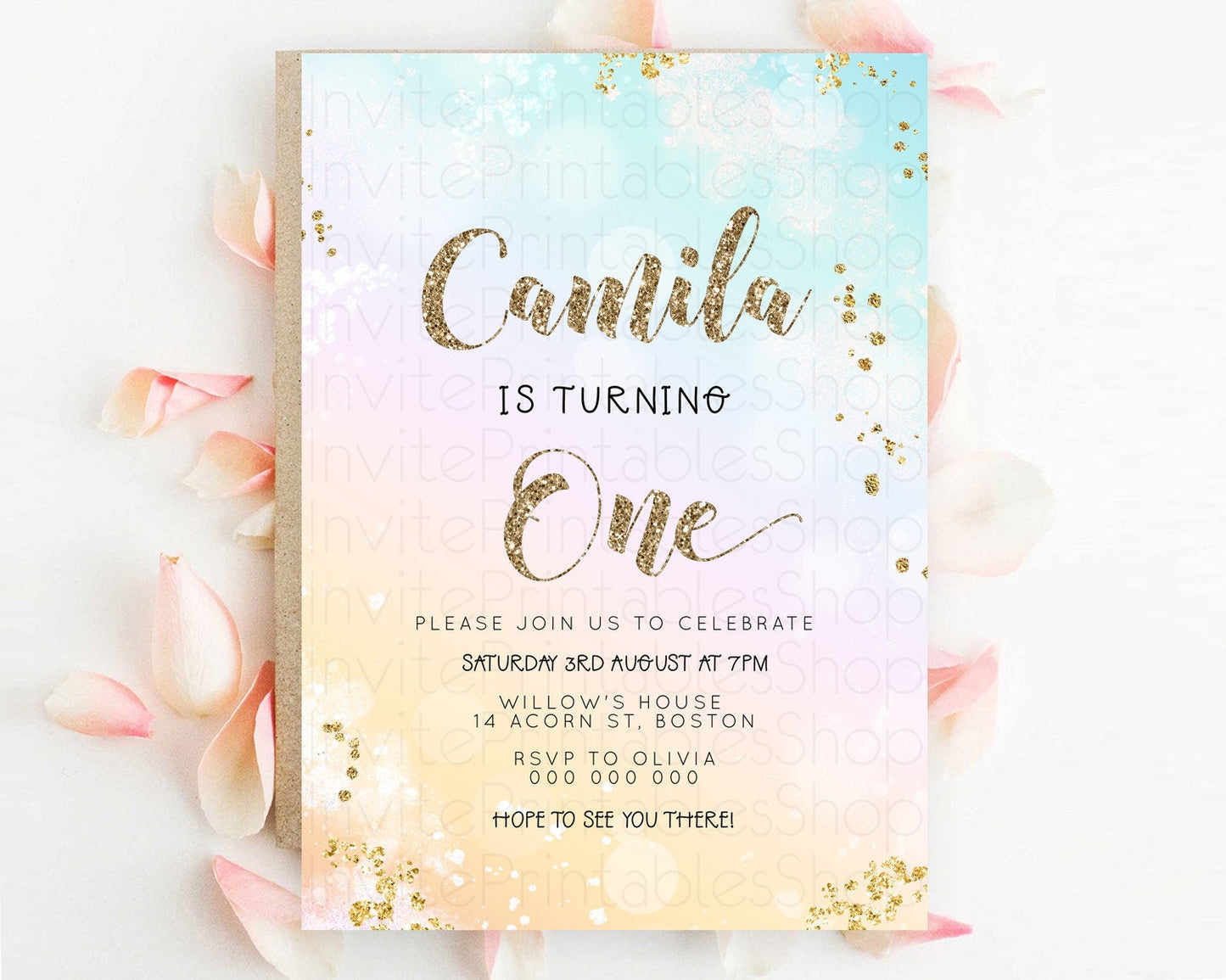 Rainbow Birthday Invitation Colorful Pastel Watercolor Invitation Gold Glitter Sprinkles Ombre Pastel 1st 2nd 3rd Birthday D23116