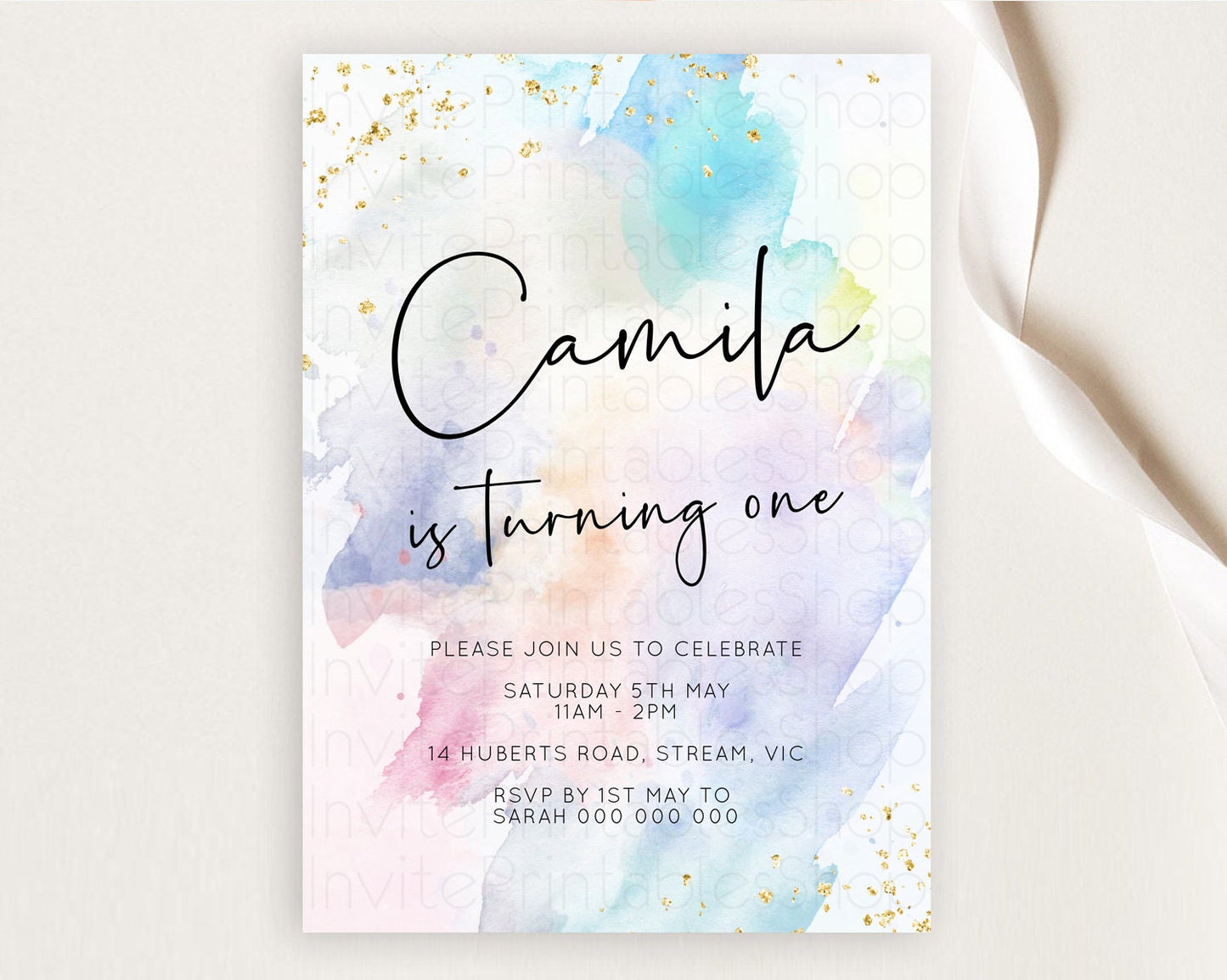 Rainbow Birthday Invitation Colorful Pastel Watercolor Invitation Gold Glitter Sprinkles Ombre Pastel 1st 2nd 3rd Birthday D10422