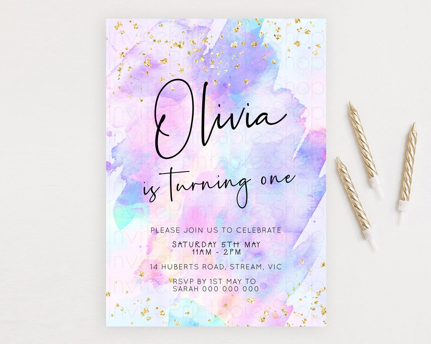 Pastel Birthday Invitation Ombre Watercolor Birthday Invitation Glitter Rainbow Color Splash 1st 2nd 3rd Birthday Invitation D23068