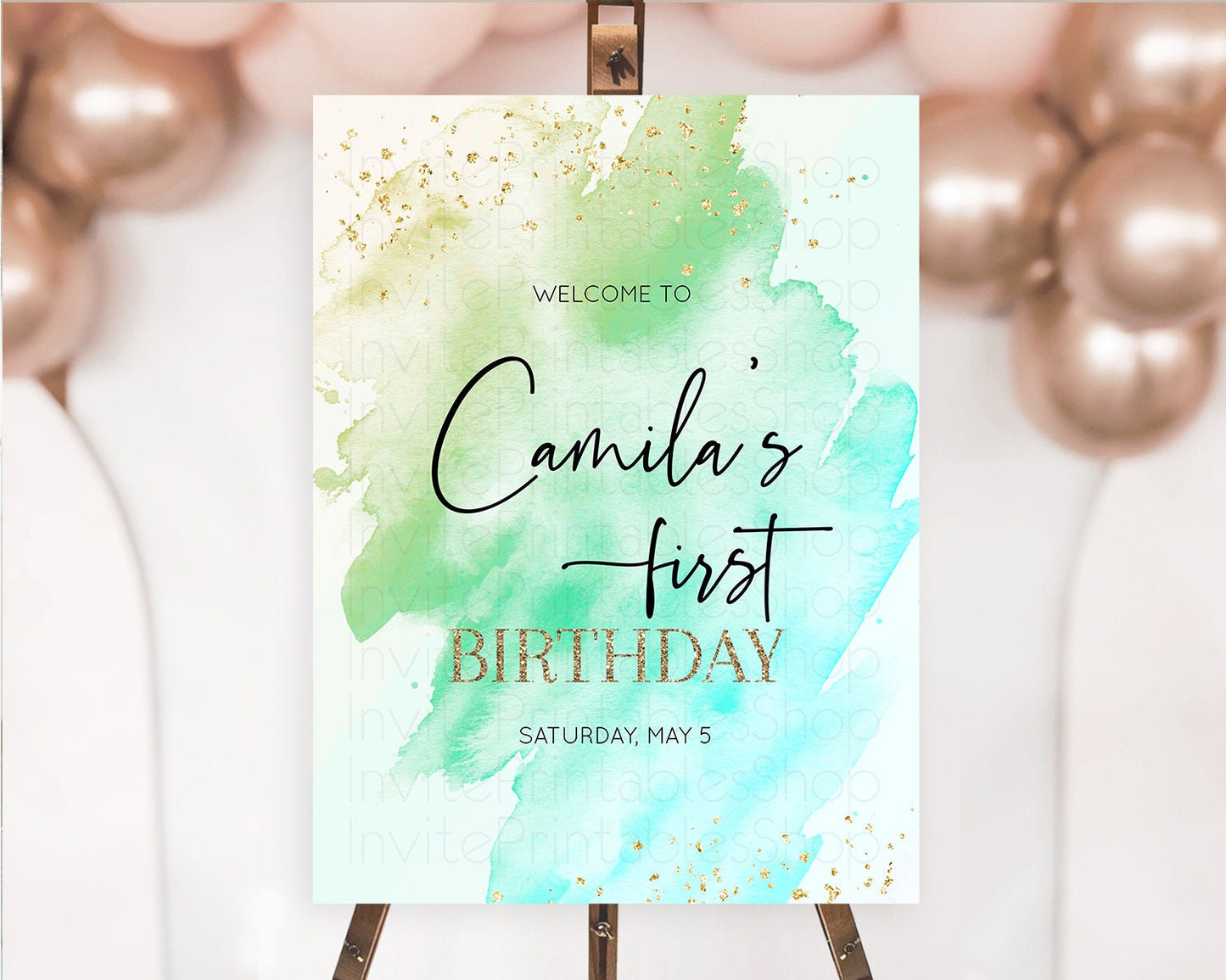 Green Welcome Sign Green Watercolor Welcome Board Pastel Green Party Decor Splash Welcome Poster First Birthday Welcome Sign D10170