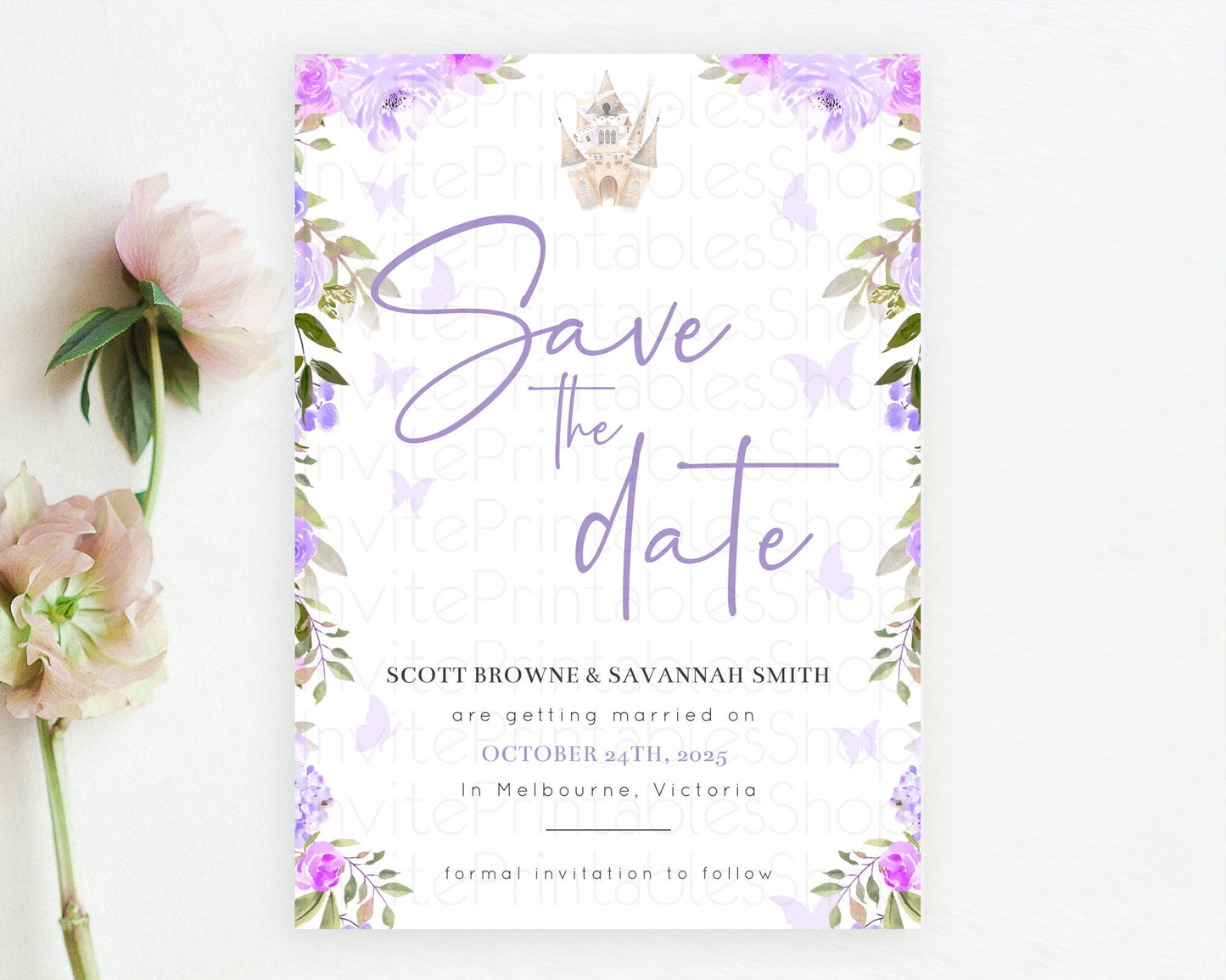 Princess Save The Date Template Secret Garden Enchanted Castle Pastel Floral Royal Party For 1st Birthday Baptism Baby Shower D10339