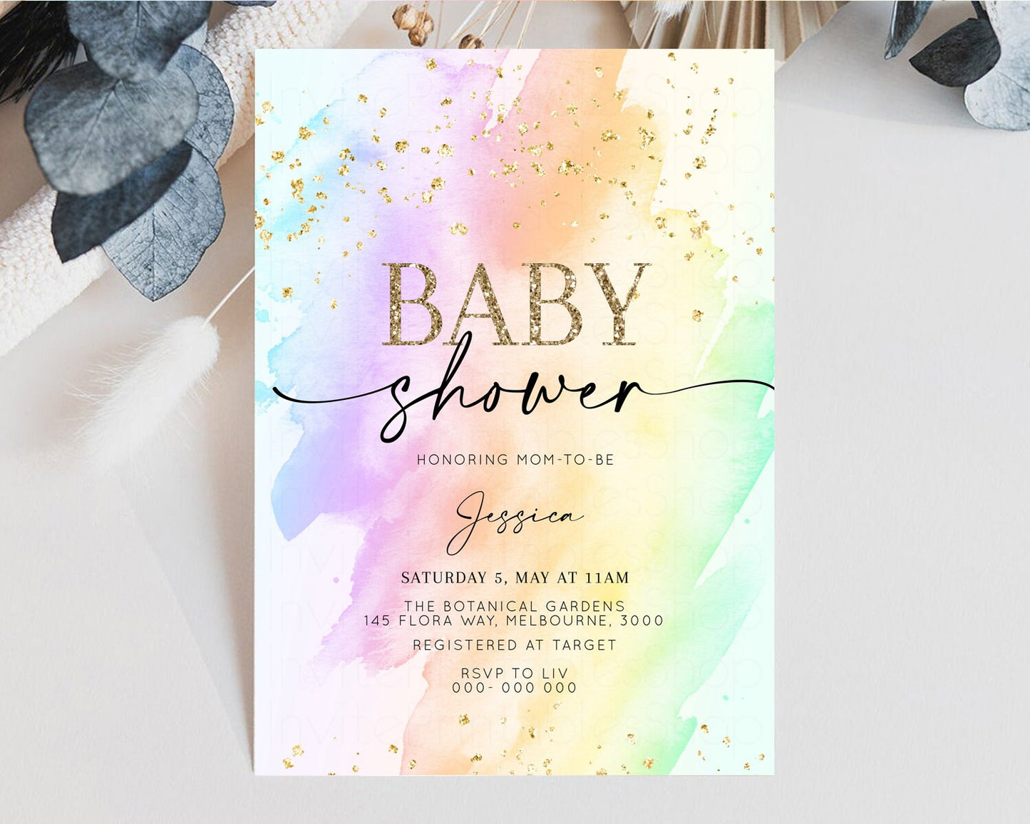 Rainbow Baby Shower Invitation Pastel Baby Shower Invitation Watercolor Ombre Invitation Rainbow Pastel Colors Invite Glitter Confetti t602