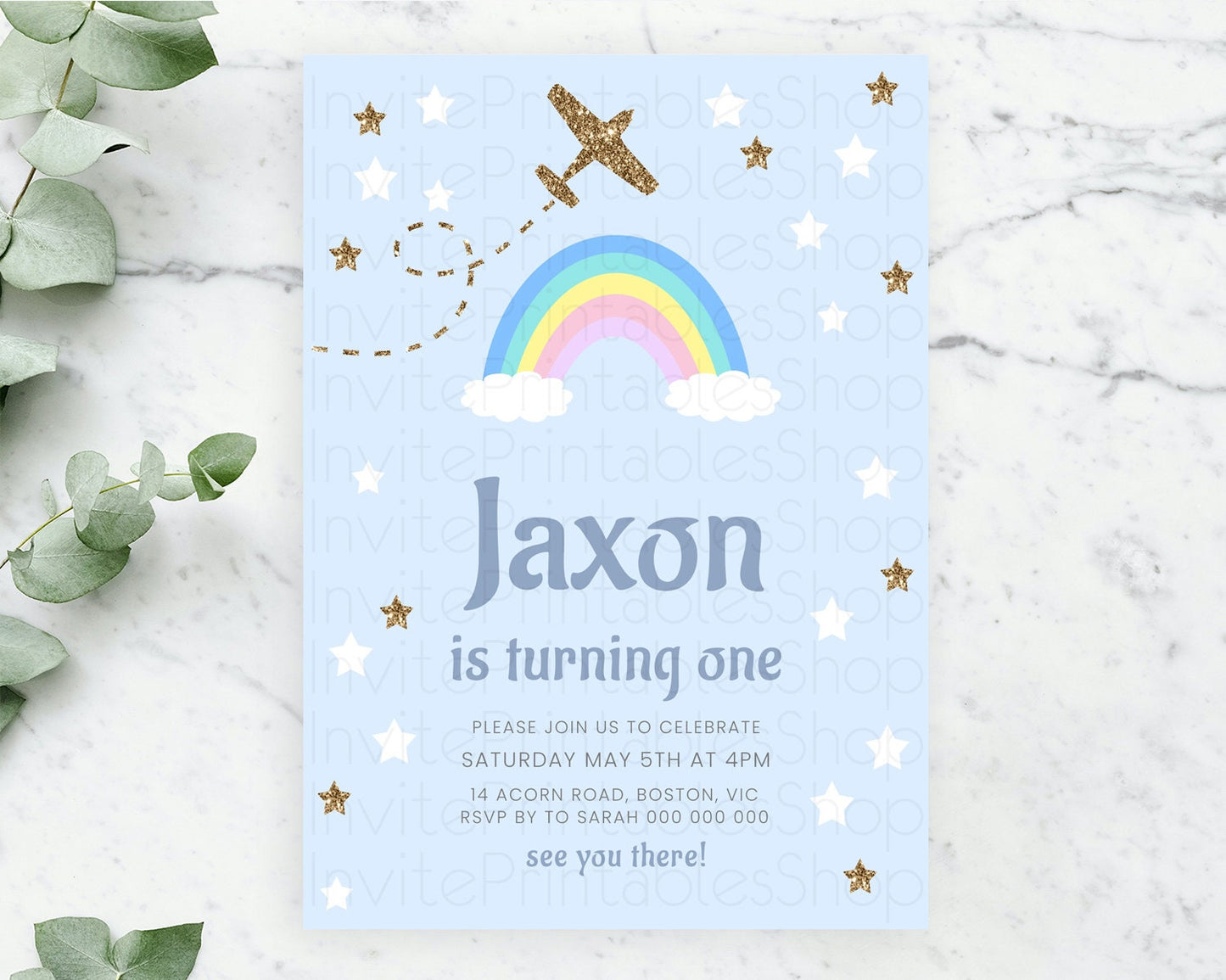 Plane Birthday Invitation Plane Invite Pastel Rainbow Clouds Stars Party Adventure Awaits Up Up Away Glitter 2nd 1st First Birthday D10220