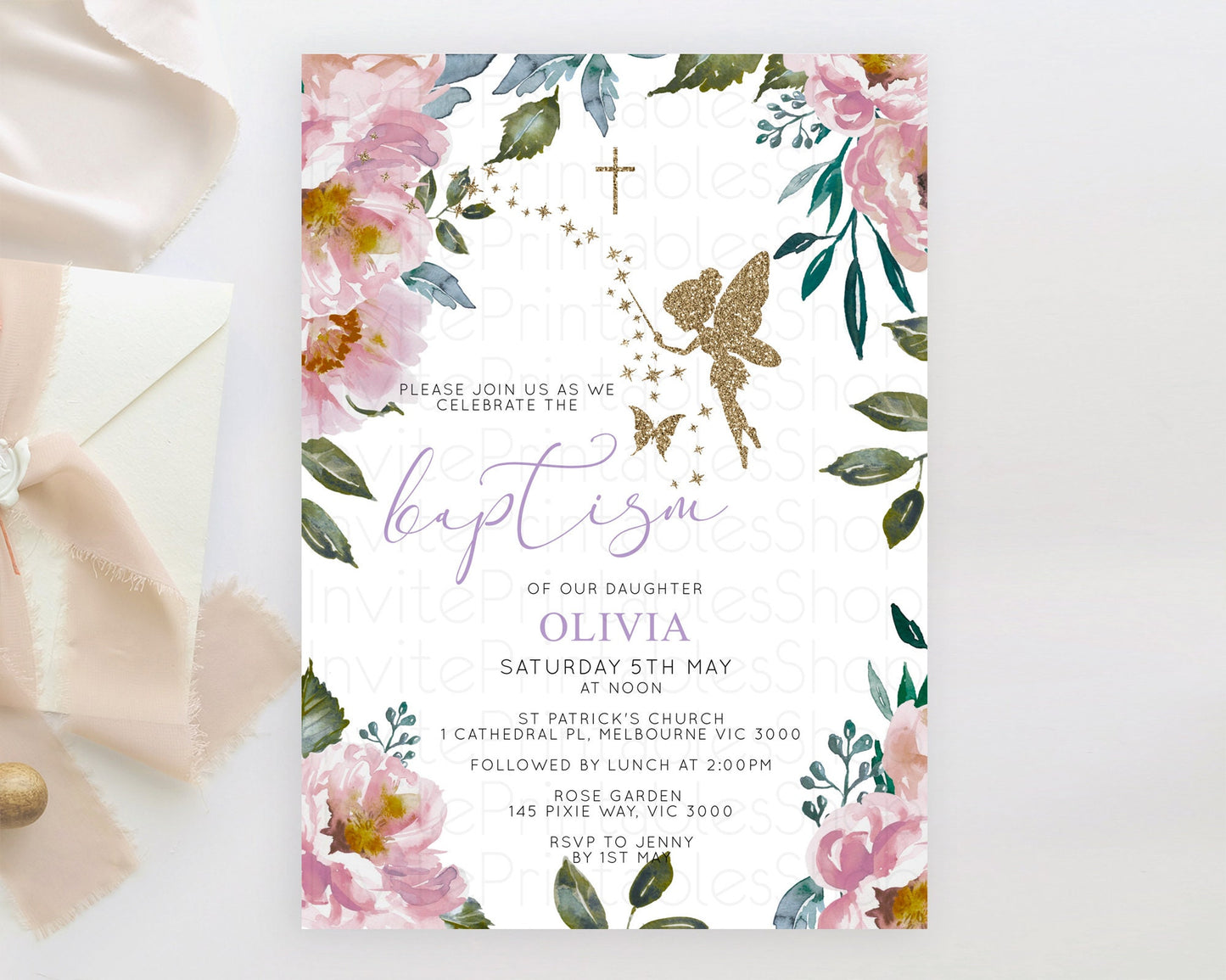 Fairy Baptism Invitation Fairy Baptism 1st Birthday Invitation Enchanted Secret Garden Christening Invite Pastel Floral Butterfly D10727