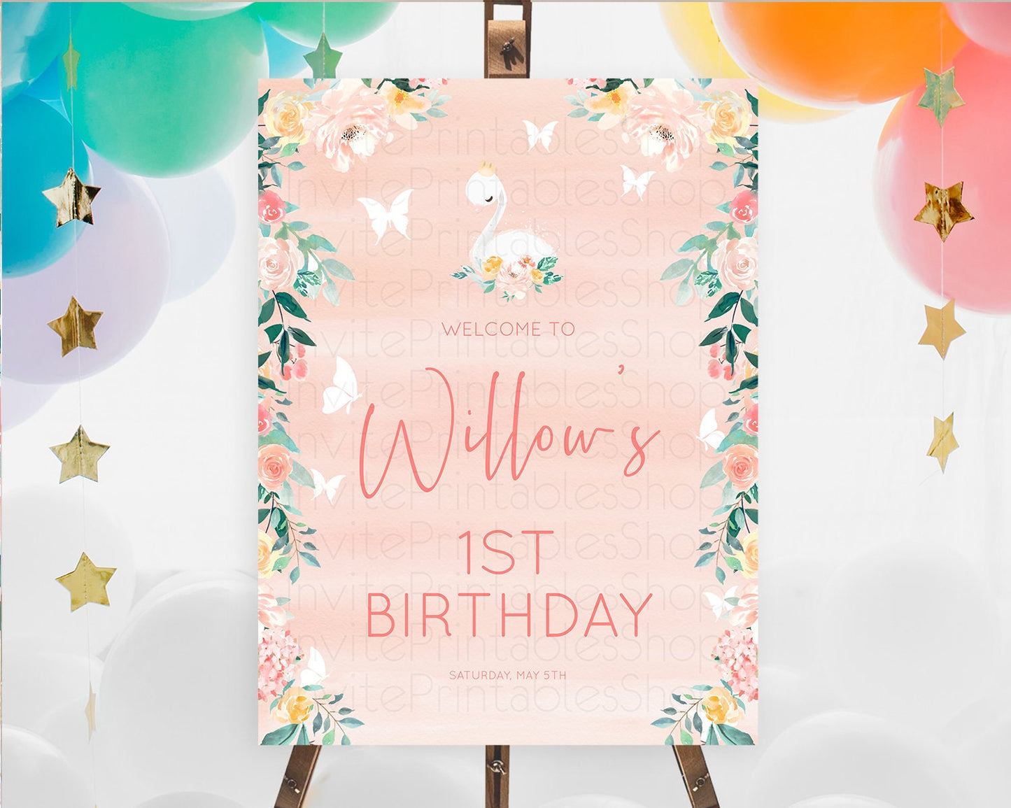 Swan Welcome Board Swan Princess Ballet Welcome Sign Enchanted Swan Lake Secret Garden Pastel Floral First Birthday Welcome Sign D10884