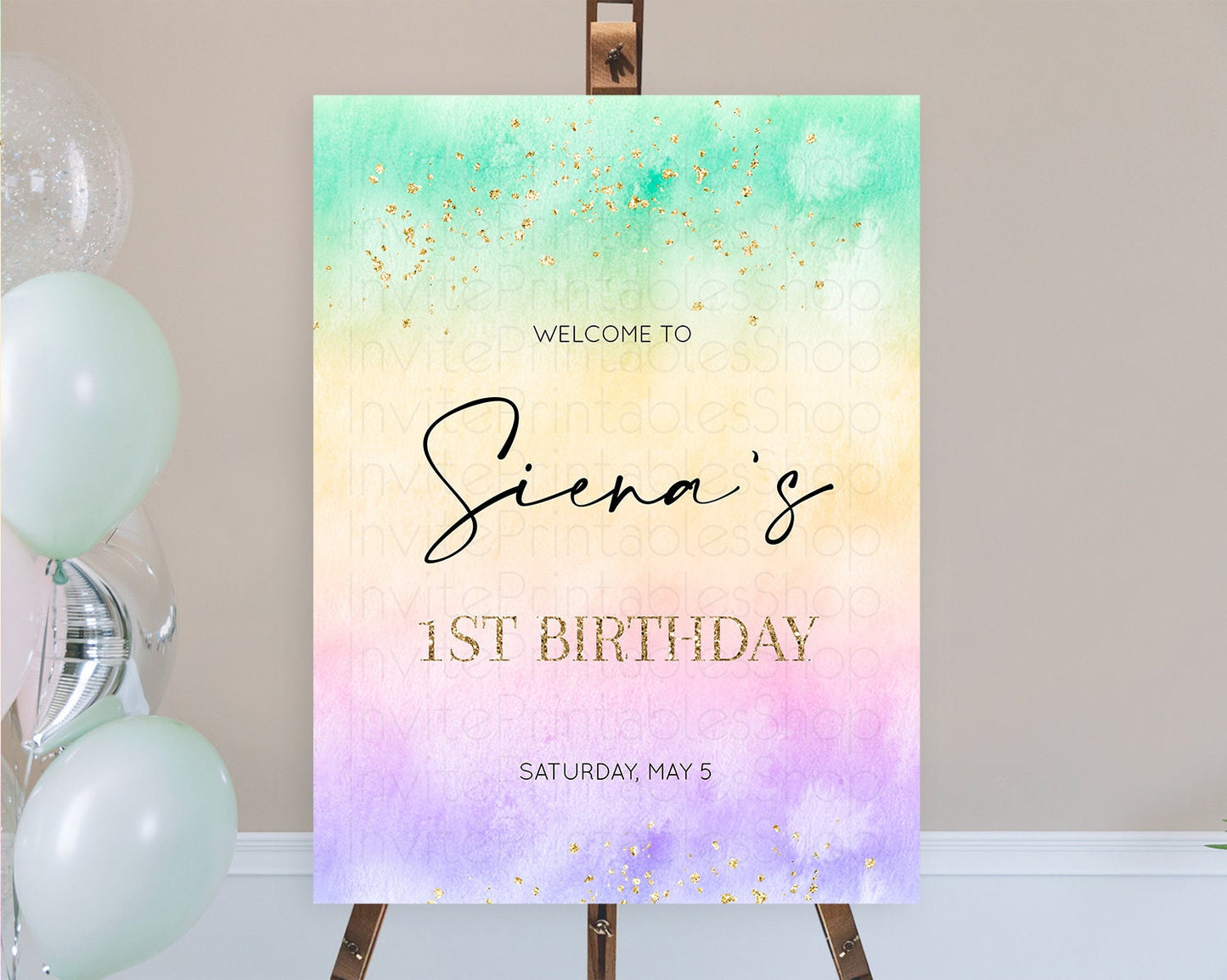 Pastel Welcome Sign Pastel Rainbow Welcome Sign Colorful Rainbow Confetti Watercolor Glitter Pastel First Birthday Welcome Sign D10481