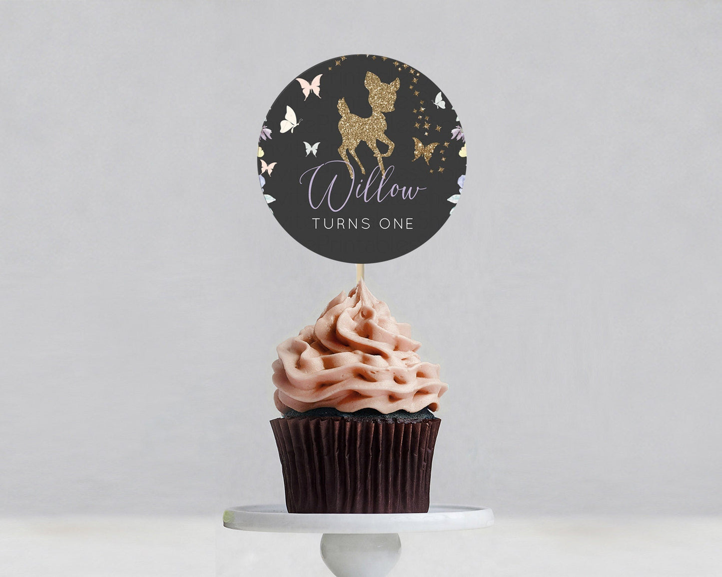 Fawn Cupcake Toppers Deer Cupcake Toppers Enchanted Forest Party Butterfly Pastel Flowers Woofland Cupcake Toppers First Birthday D10323