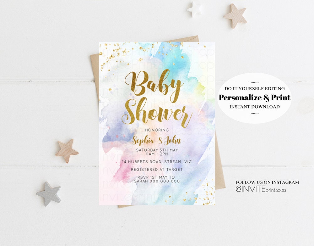 Rainbow Baby Shower Invitation Watercolor Pastel Invitation Colorful Splash Baby Invite Gold Glitter Sprinkles Ombre Gender Reveal