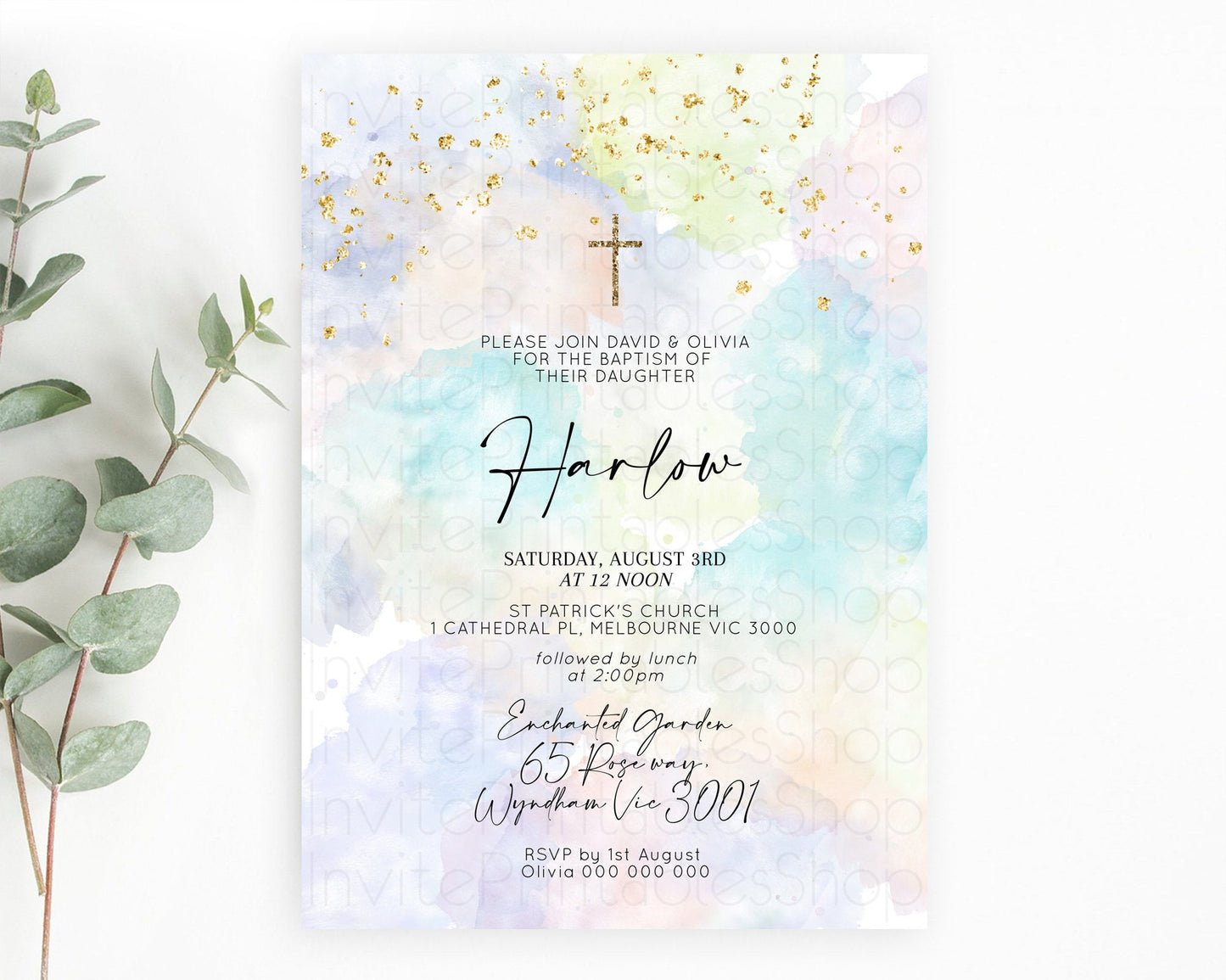 Pastel Baptism Invitation Pastel Colors Watercolor Baptism 1st Birthday Party Gold Ombre Pastel Rainbow Christening Holy Communion D10613