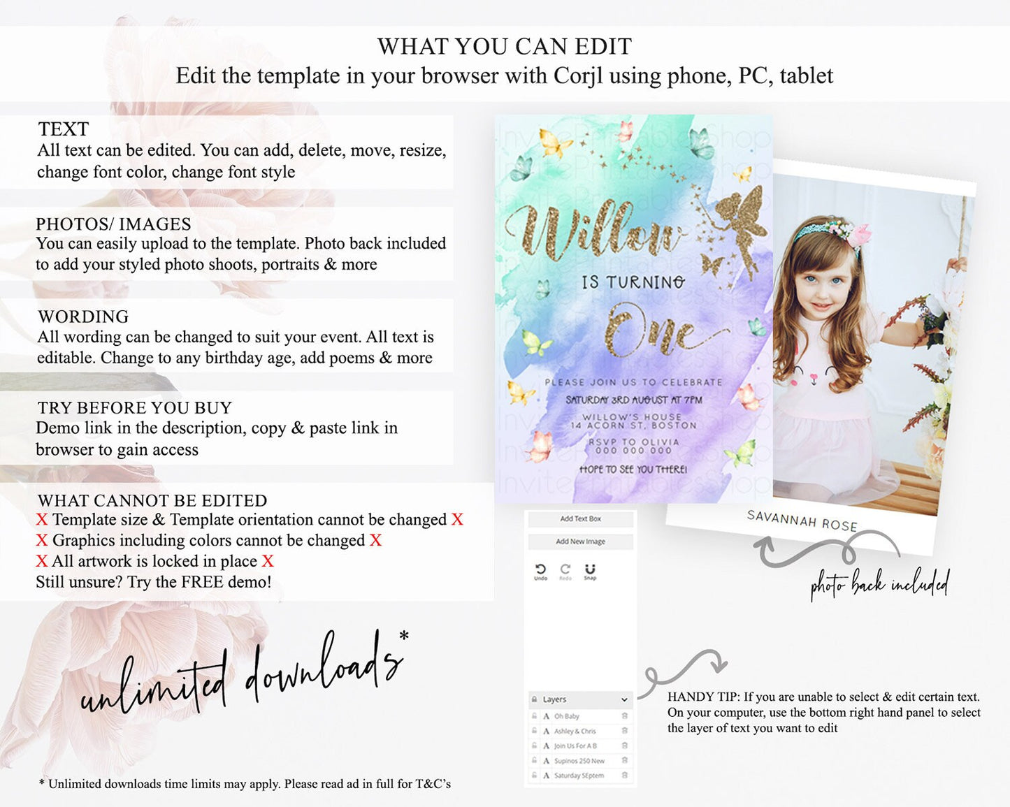 Pastel Fairy Birthday Invitation Pastel Butterflies Fairy Birthday Invitation Rainbow Ombre Watercolor 1st 2nd Birthday Invitation D23335