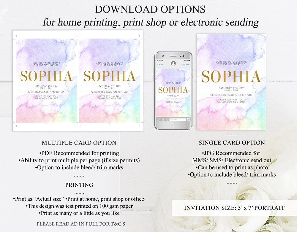 Pastel Rainbow Birthday Invitation Colorful Watercolor Splash Ombre Ink Paint Gold Foil Purple Pink Blue Modern Custom Printable 193