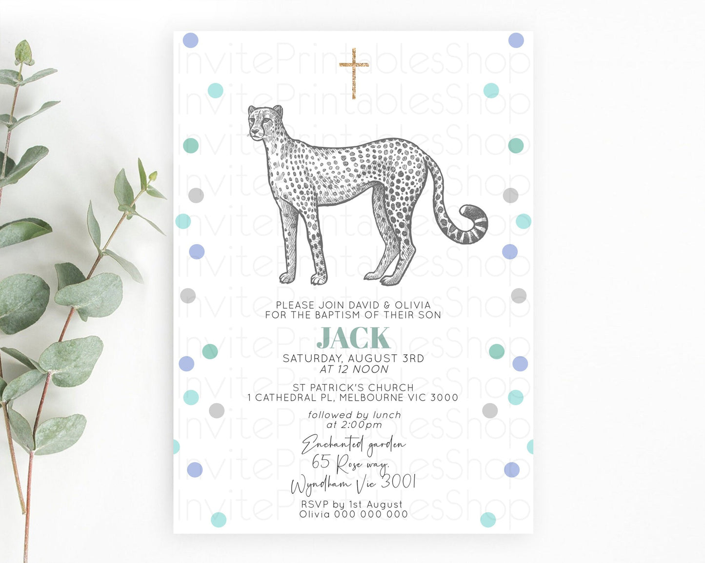 Cheetah Baptism Invitation Cheetah Baptism 1st Birthday Invitation Cheetah Safari Adventure Christening Party Palm Leaf Zoo Cheetah D10857