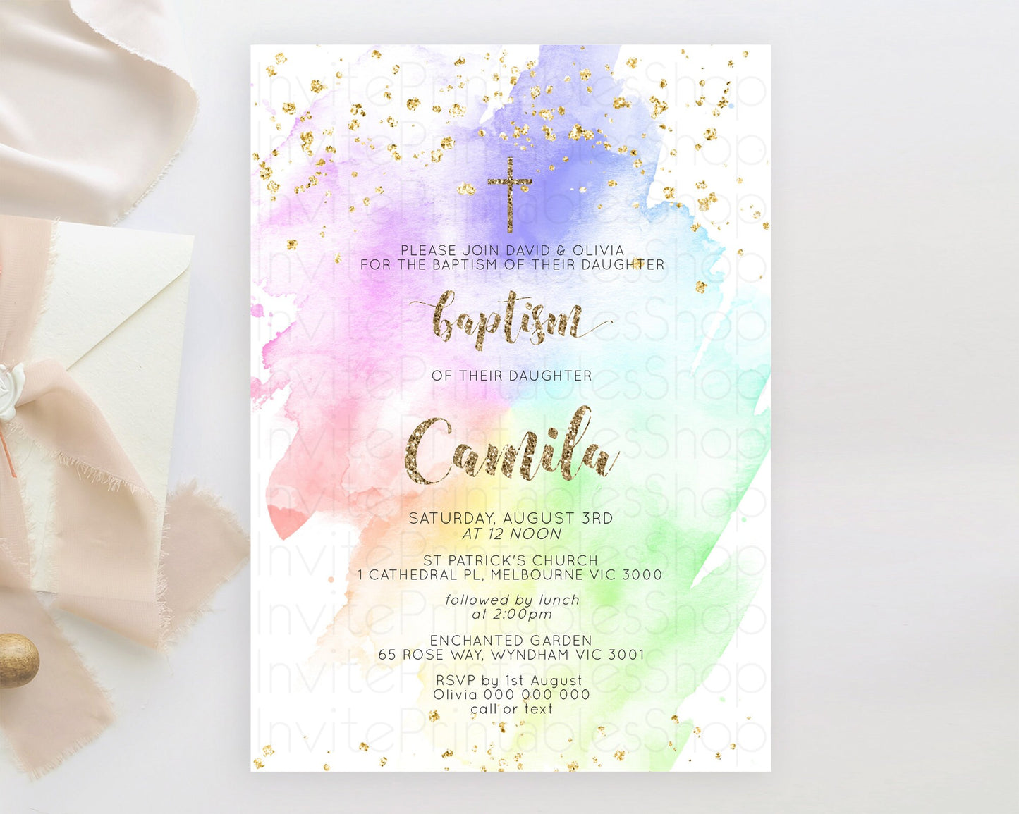 Pastel Baptism Invitation Pastel Colors Watercolor Baptism 1st Birthday Party Gold Ombre Pastel Rainbow Christening Holy Communion D10319