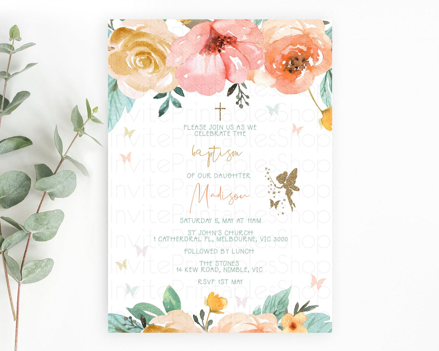 Fairy Baptism Invitation Fairy Baptism 1st Birthday Invitation Enchanted Secret Garden Christening Invite Pastel Floral Butterfly D10346