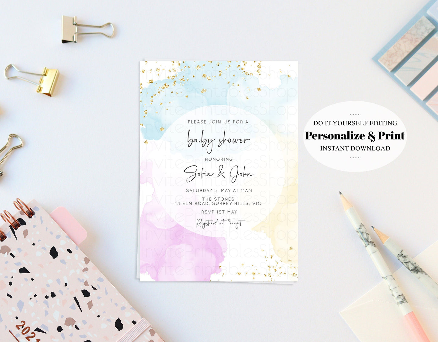 Colorful Rainbow Baby Shower Invitation Watercolor Splash Ink Pastel Rainbow Blue Yellow Pink Gender Reveal Neutral Editable Invite Template