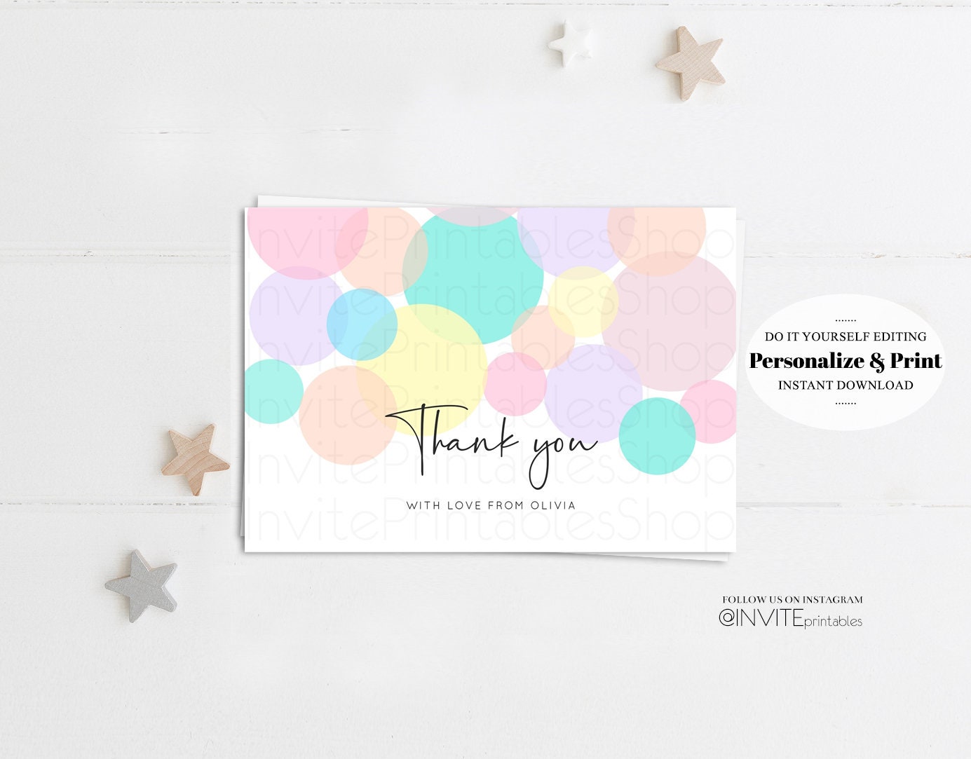 Pastel Rainbow Watercolor Thank You Card Colorful Paint Custom Message Kids Birthday Baby Shower Guest Gift Flat Postcard Printable Template