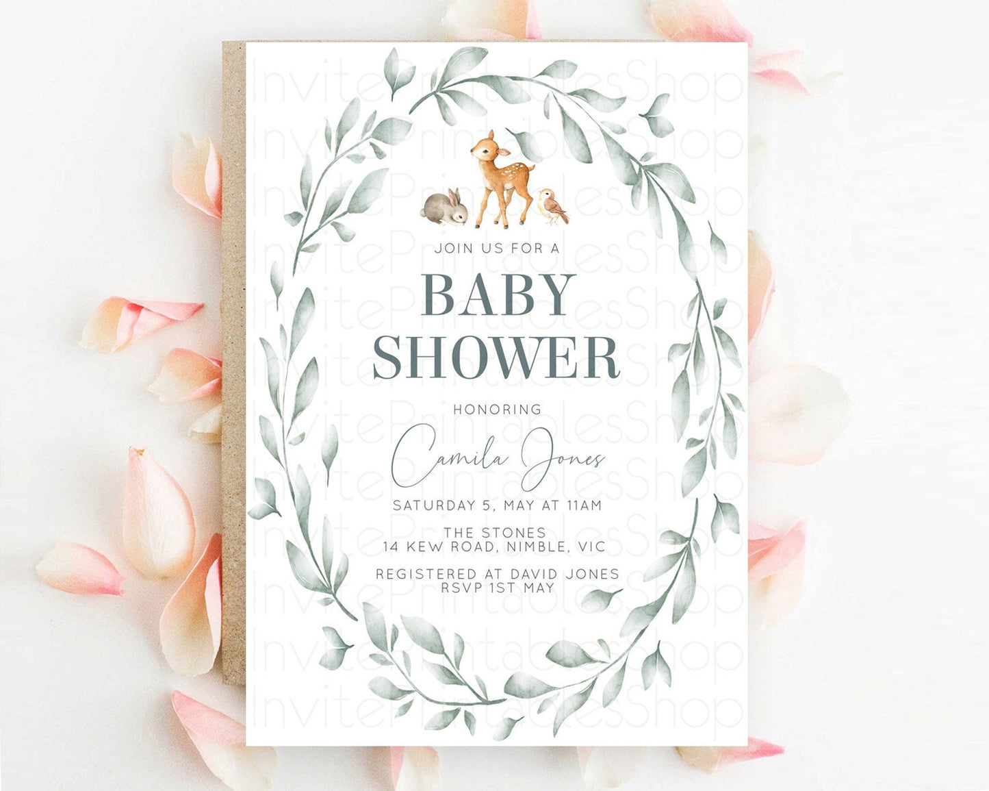 Fawn Baby Shower Invitation, Enchanted Forest, Whimsical Deer, Cute Bunny And Bird, Woodland, Leafy Crown, Organic Green Tone D10872