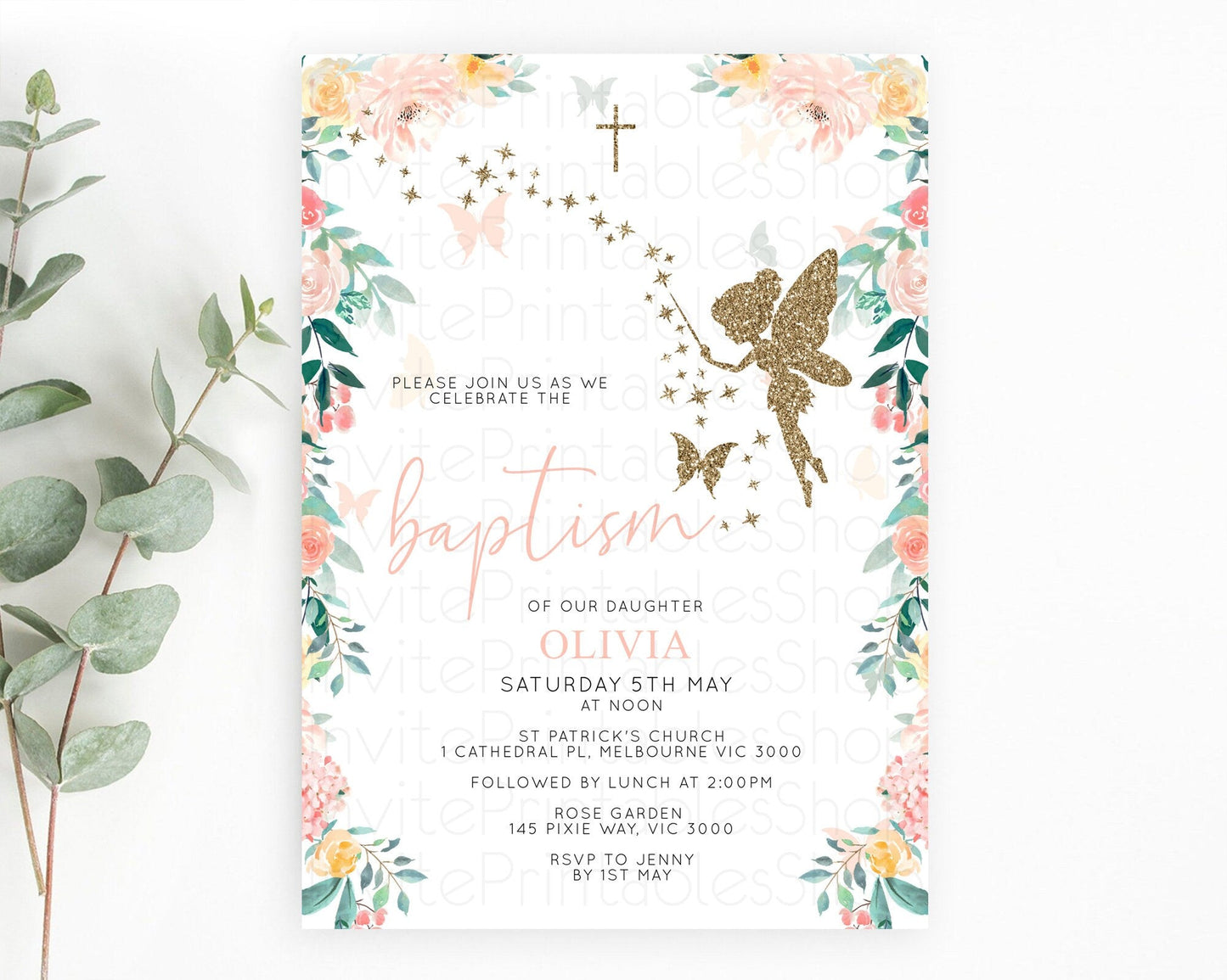 Fairy Baptism Invitation Fairy Baptism 1st Birthday Invitation Enchanted Secret Garden Christening Invite Pastel Floral Butterfly D10789