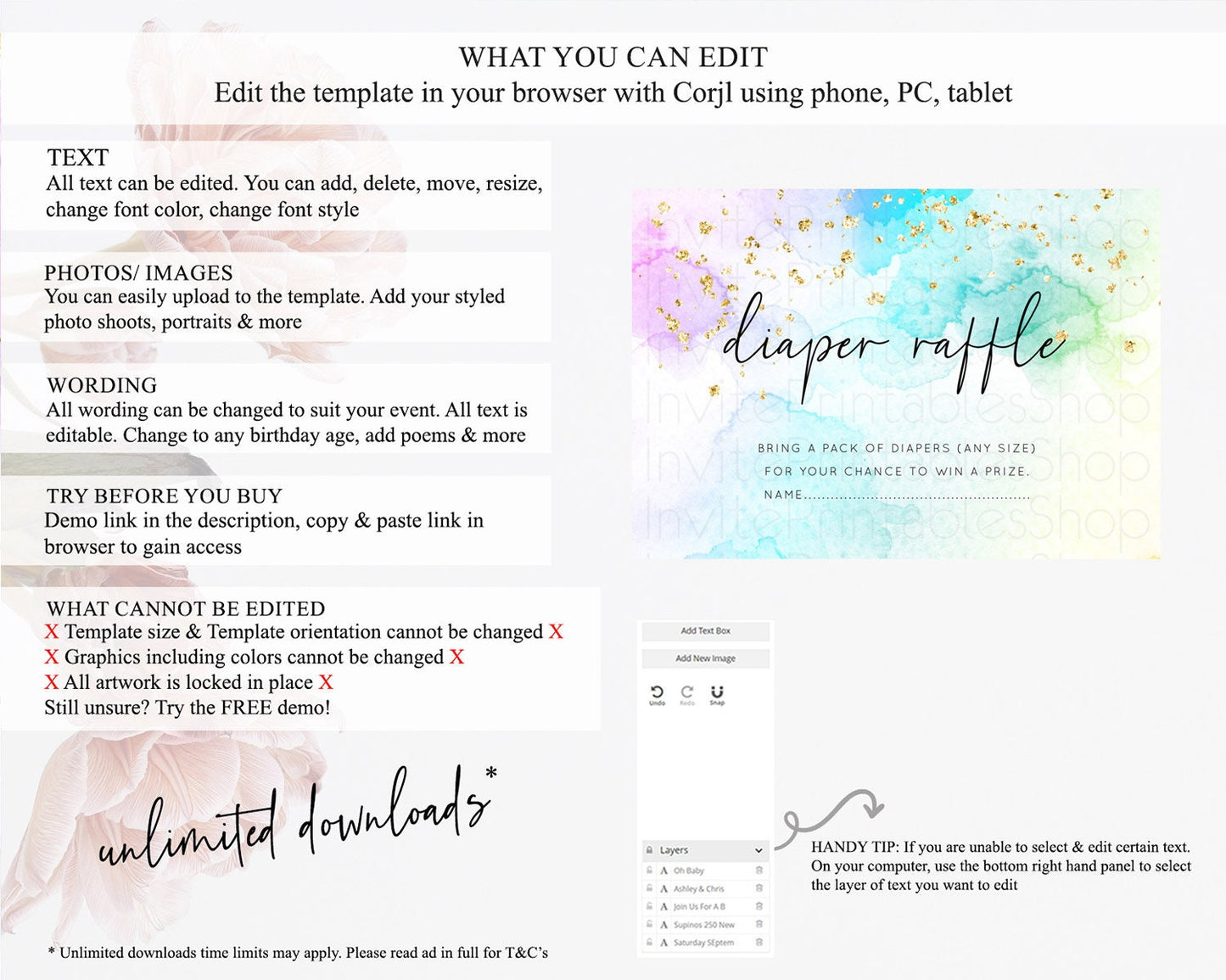 Pastel Diaper Raffle Card Pastel Rainbow Diaper Raffle Insert Colorful Ombre Watercolor Diaper Ticket Confetti Glitter Raffle Game D10771