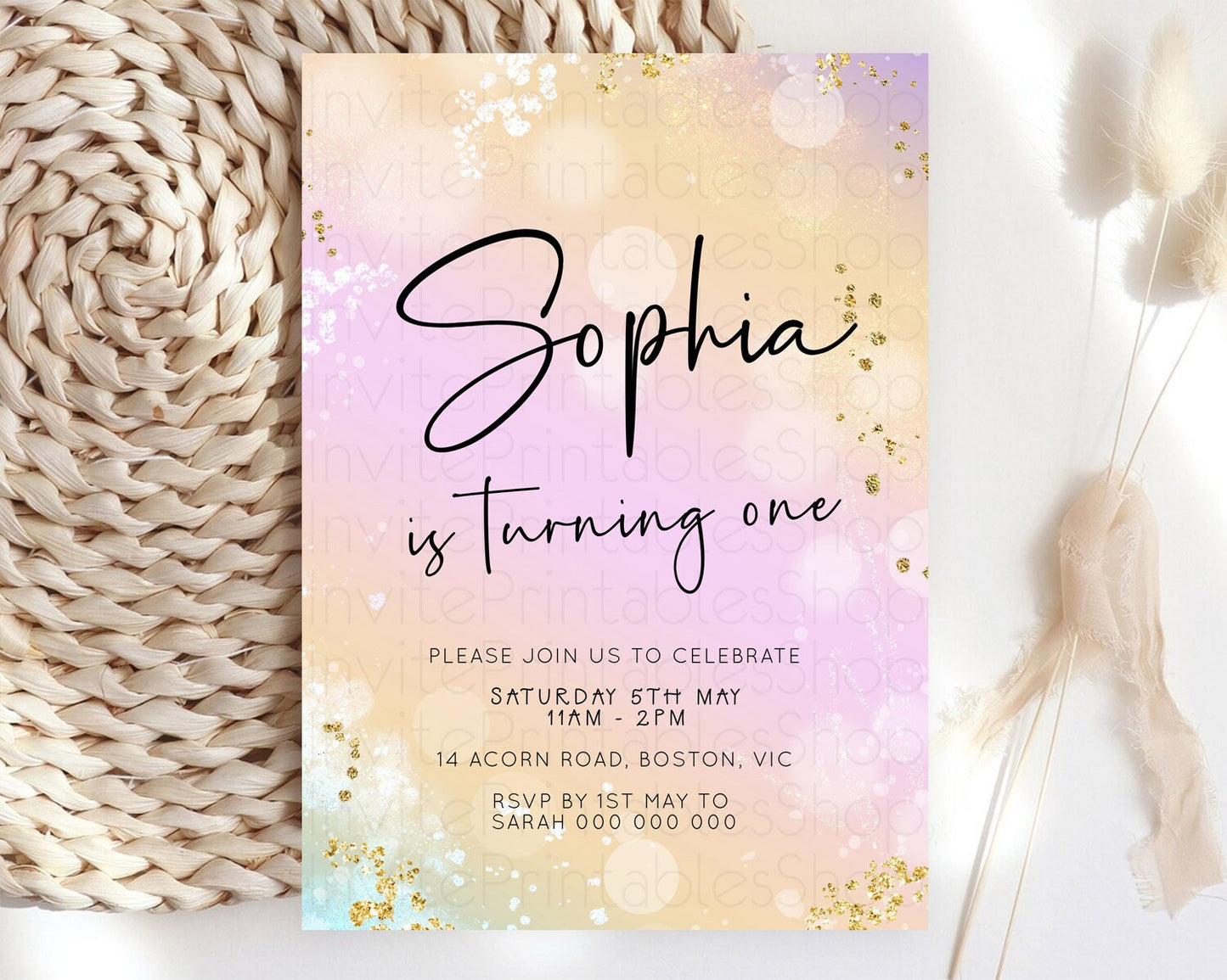 Pastel Birthday Invitation Ombre Watercolor Birthday Invitation Glitter Rainbow Color Splash 1st 2nd 3rd Birthday Invitation D23104