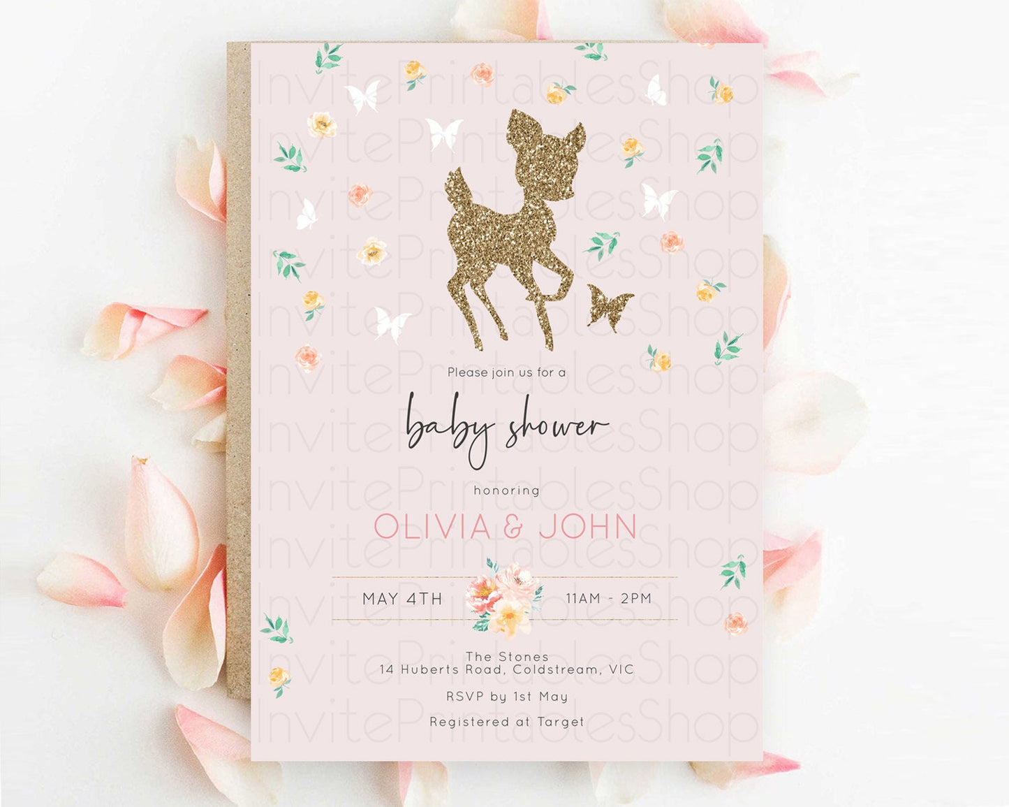 Fawn Baby Shower Invitation, Enchanted Forest Theme Glitter Deer, Butterflies, Pastel Flowers - Whimsical Floral Pink, Orange, Green D10386