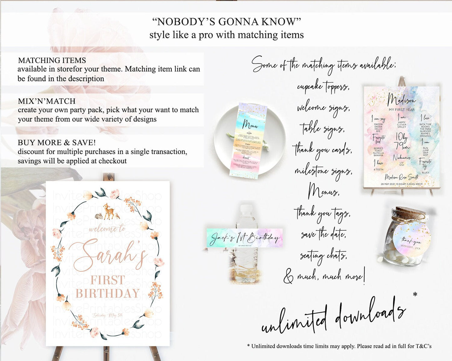Fawn Welcome Sign Deer Welcome Board Floral Deer Welcome Poster Enchanted Forest Butterfly Pastel Floral First Birthday Welcome Sign D10241