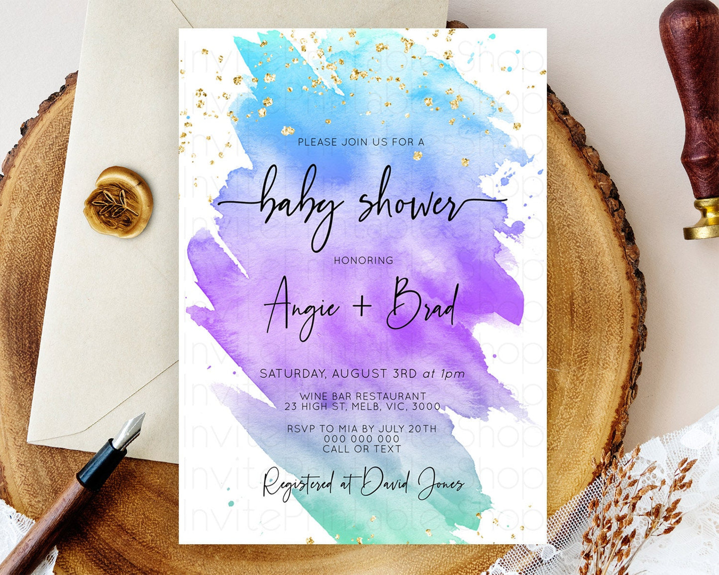 Pastel Baby Shower Invitation Rainbow Baby Shower Invitation Colorful Pastel Watercolor Invitation Gold Glitter Sprinkles Ombre D10491