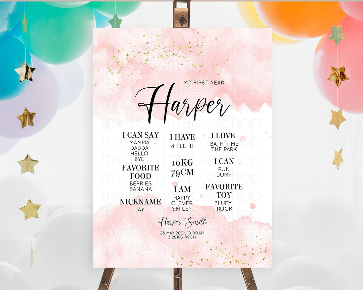 Pink First Birthday Milestone Poster Pink Watercolor Milestone Board Pastel Pink Watercolor Splash Milestone Board 1st Birthday D10328