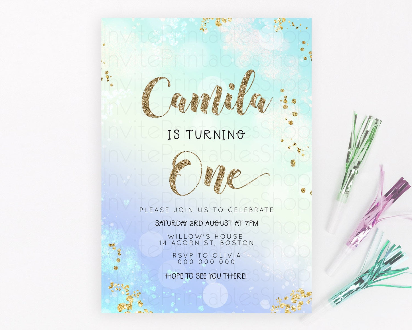 Rainbow Birthday Invitation Colorful Pastel Watercolor Invitation Gold Glitter Sprinkles Ombre Pastel 1st 2nd 3rd Birthday D23117