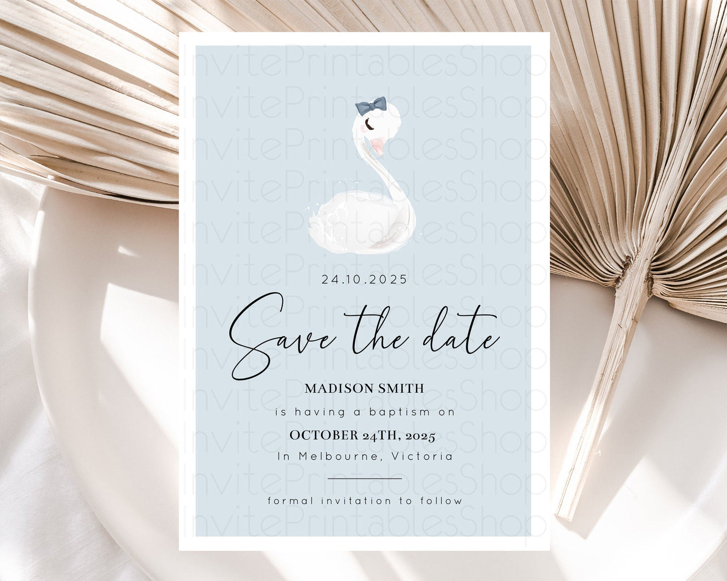 Swan Save The Date Template Swan Princess Ballet Party Enchanted Swan Lake Secret Garden Pastel Floral Birthday Baptism Baby Shower D10760