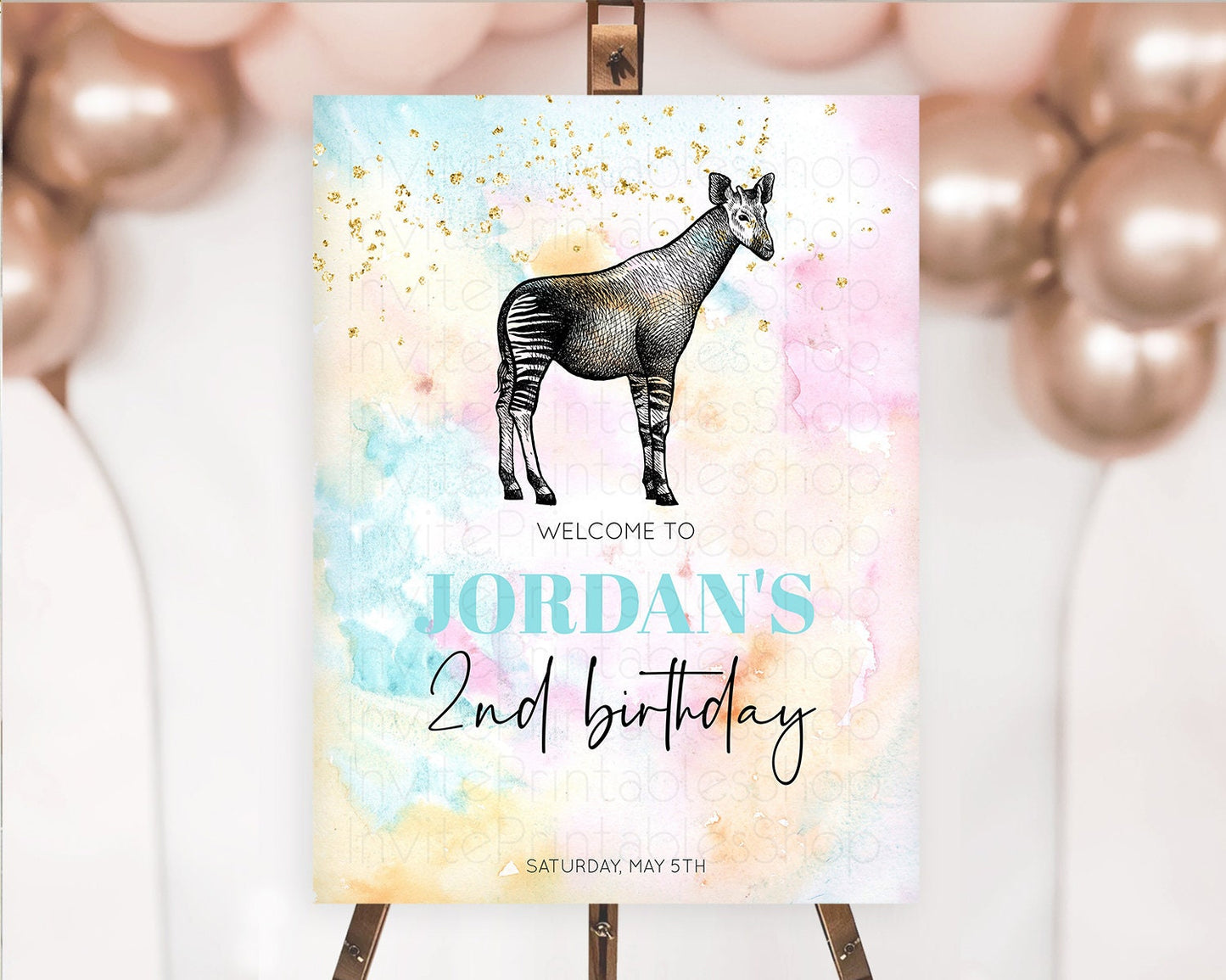 Pastel Okapi Welcome Sign Rainbow Okapi Welcome Board Colorful Rainbow Pastel Confetti Watercolor First Birthday Welcome Sign D10282