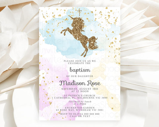 Unicorn Rainbow Baptism Invitation Pastel Baptism Birthday Invitation Magical Ombre Christening Invite Colorful Watercolor Glitter D10114