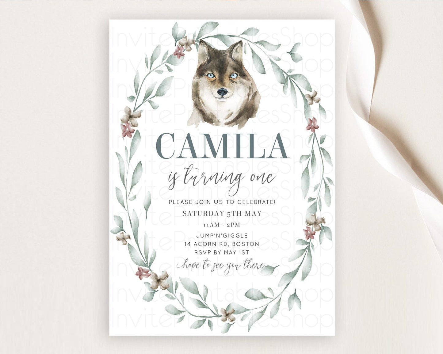 Wolf Birthday Invitation Wolf Invitation Pastel Wolf Birthday Enchanted Forest Woods Wolf Floral Invitation Howling Birthday Party 100204