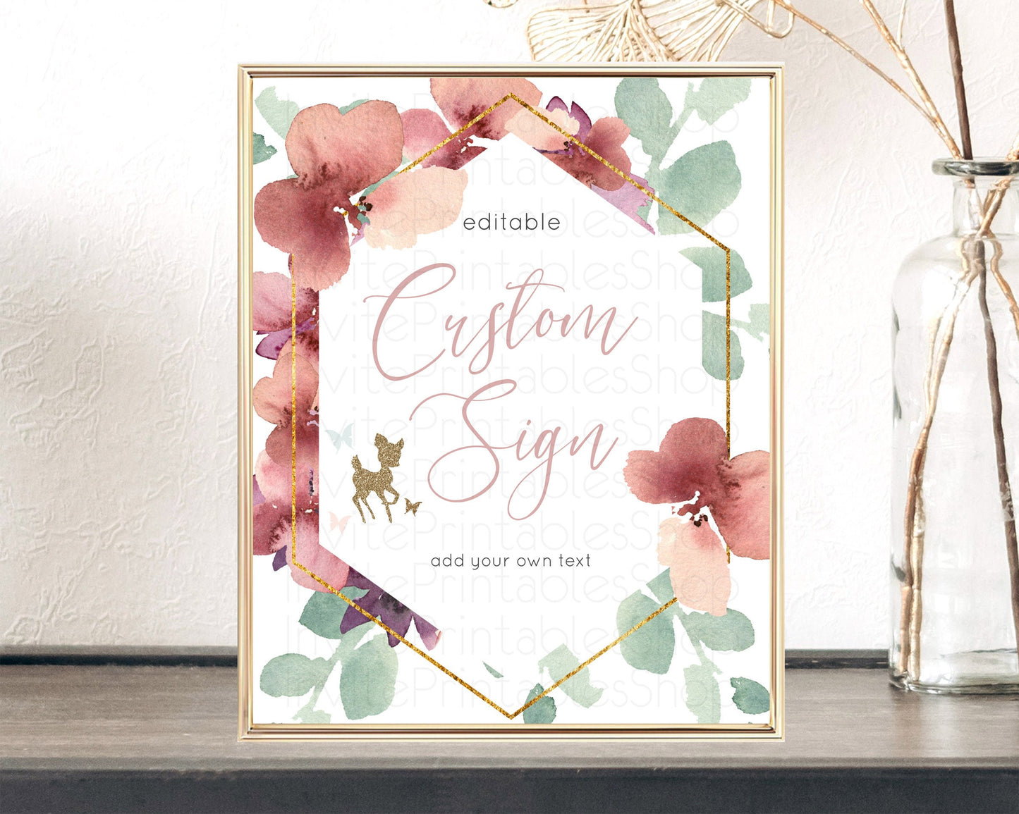 Editable Fawn Deer Sign Pastel Floral Deer Table Sign Decor Enchanted Forest