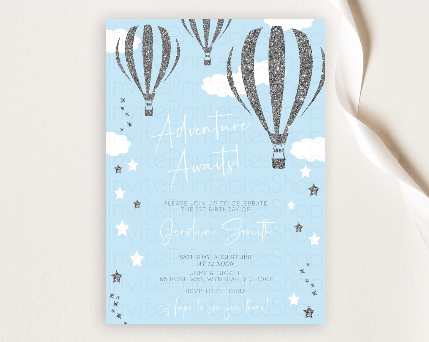 Hot Air Balloon Birthday Invitation Hot Air Balloon Invites Adventure Awaits Up Up & Away Glitter Blue Watercolor 1st Birthday Boy D10335