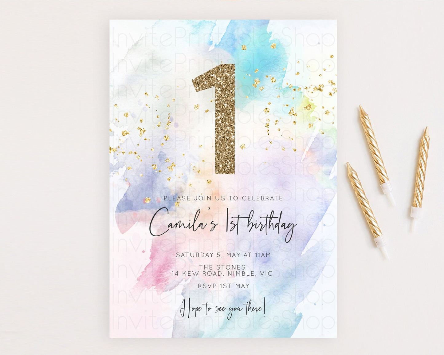 Rainbow Birthday Invitation Colorful Pastel Watercolor Invitation Gold Glitter Sprinkles Ombre Pastel 1st 2nd 3rd Birthday D10424