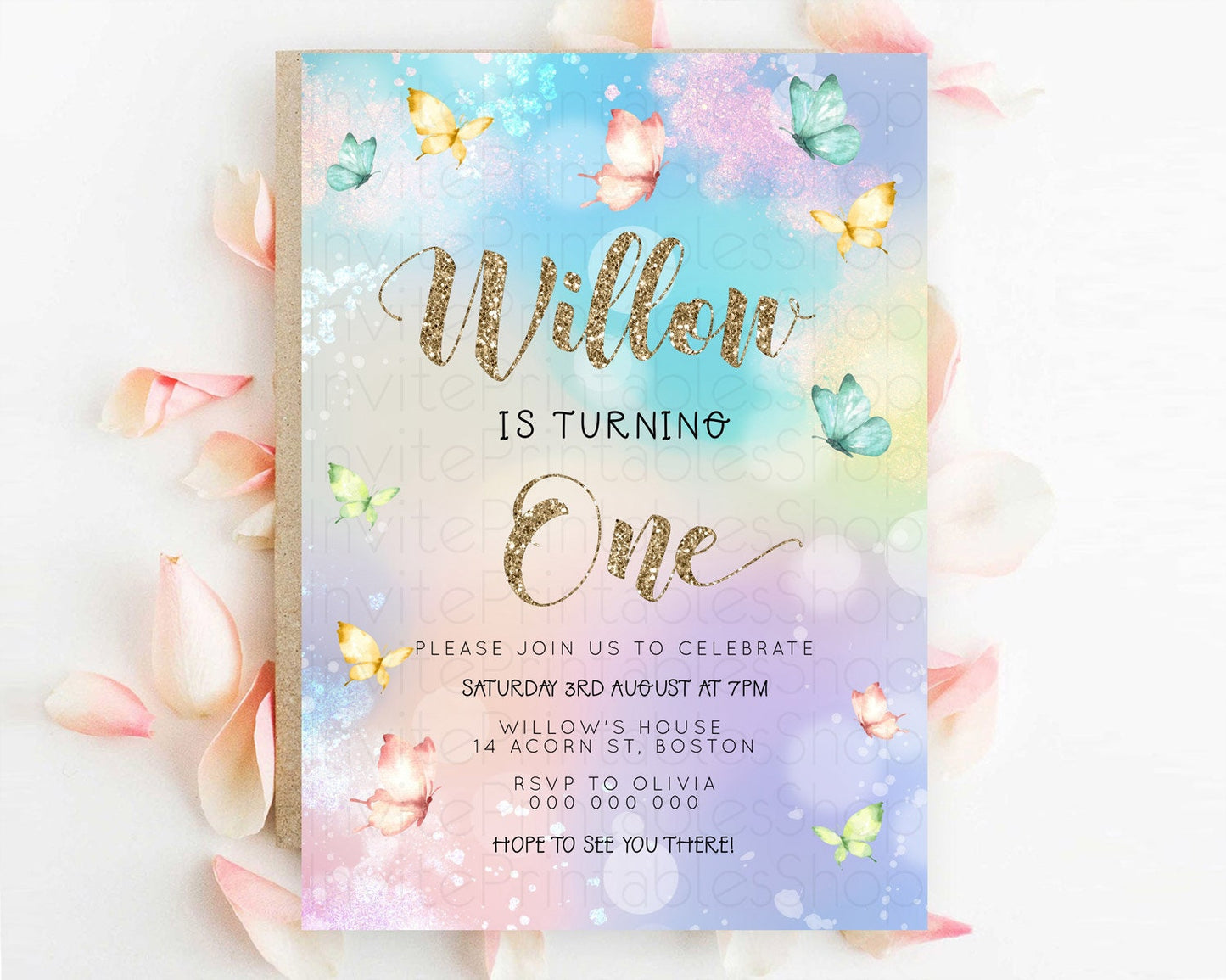 Pastel Butterfly Birthday Invitation Butterfly Birthday Invitation Colorful Splash Glitter Butterfly Garden 1st 2nd Birthday D23093