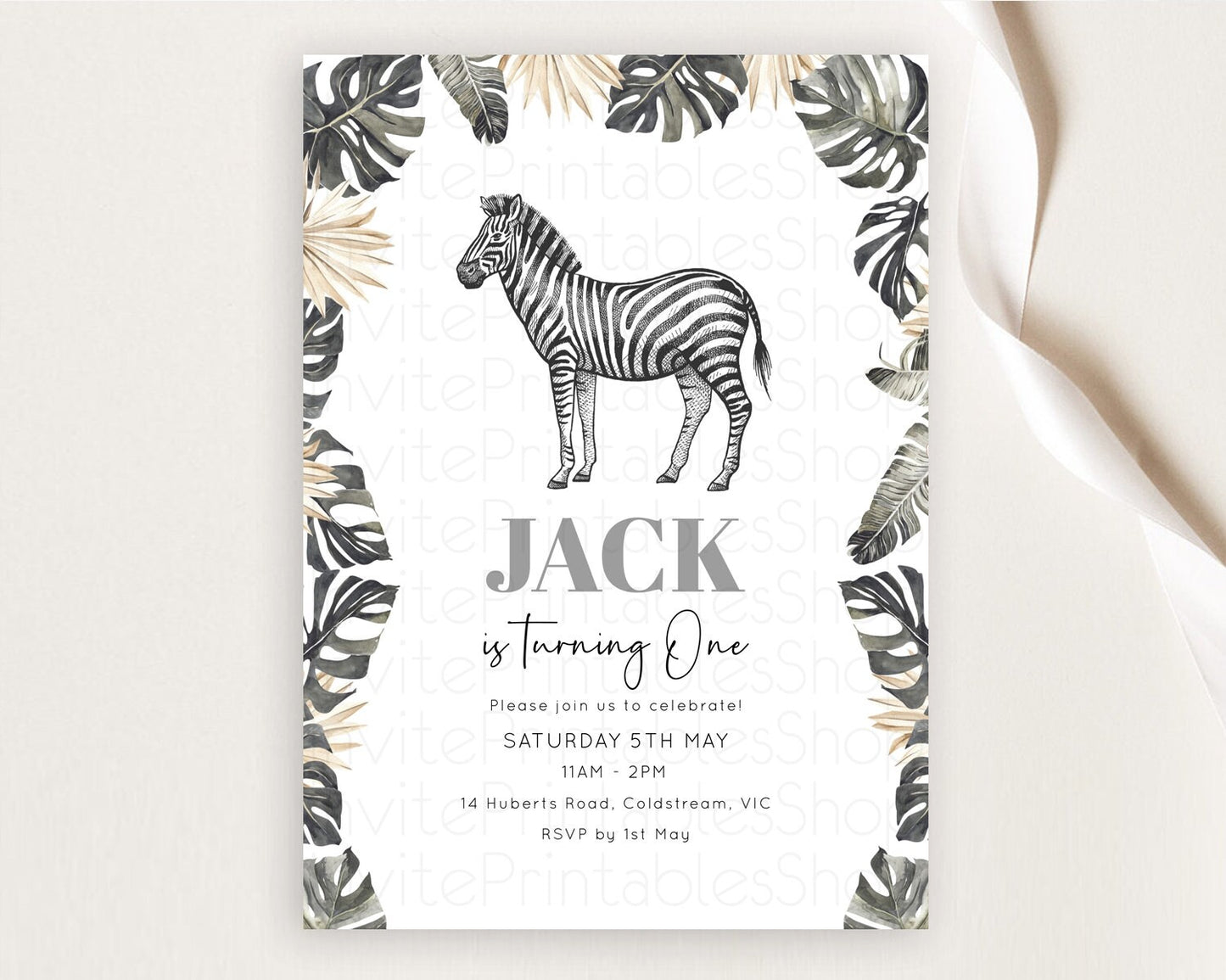 Zebra Birthday Invitation Zebra Invite Jungle Safari invite Watercolor Tropical Palm Invite Adventure Zoo Party Wild Animal Party D10824